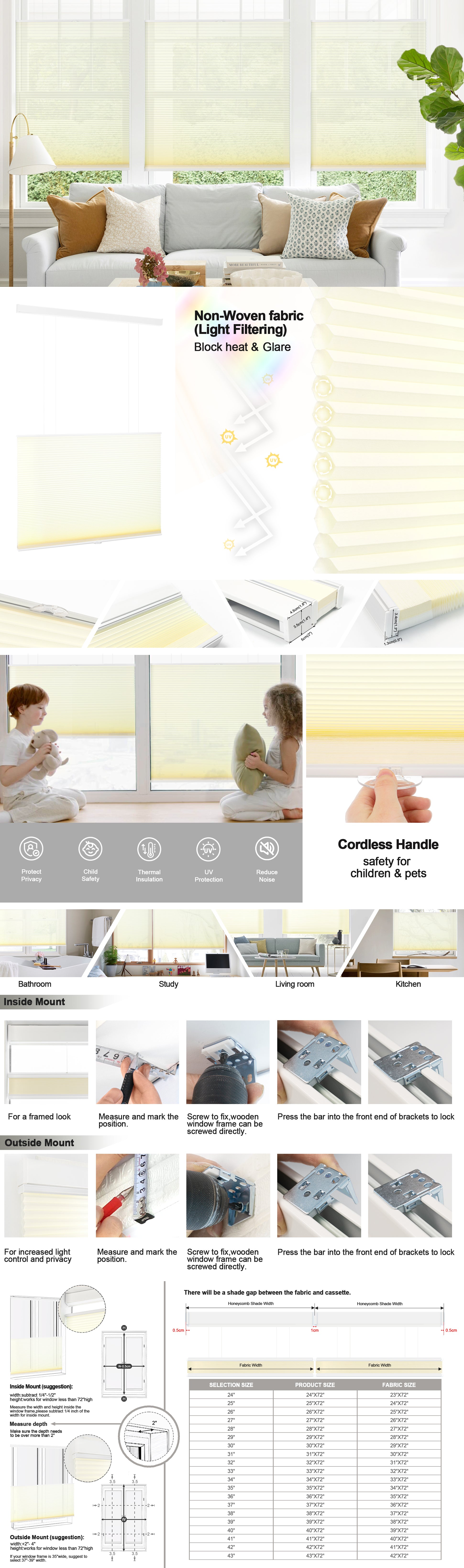 Cordless light filtering up and down honeycomb blinds