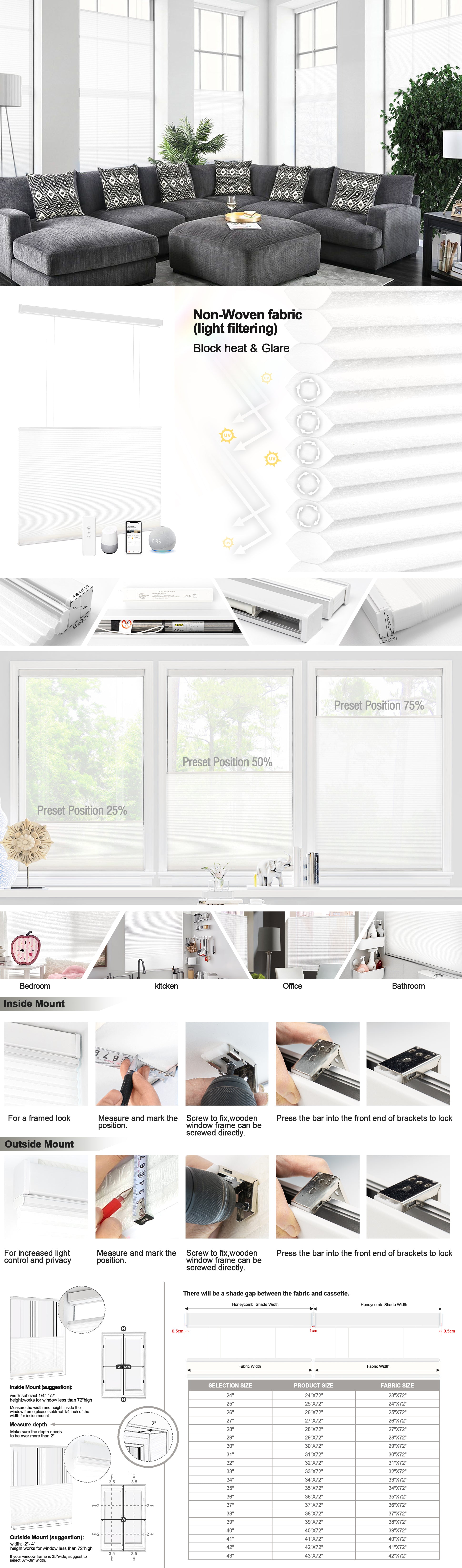 Motorized white light filtering up and down honeycomb blinds