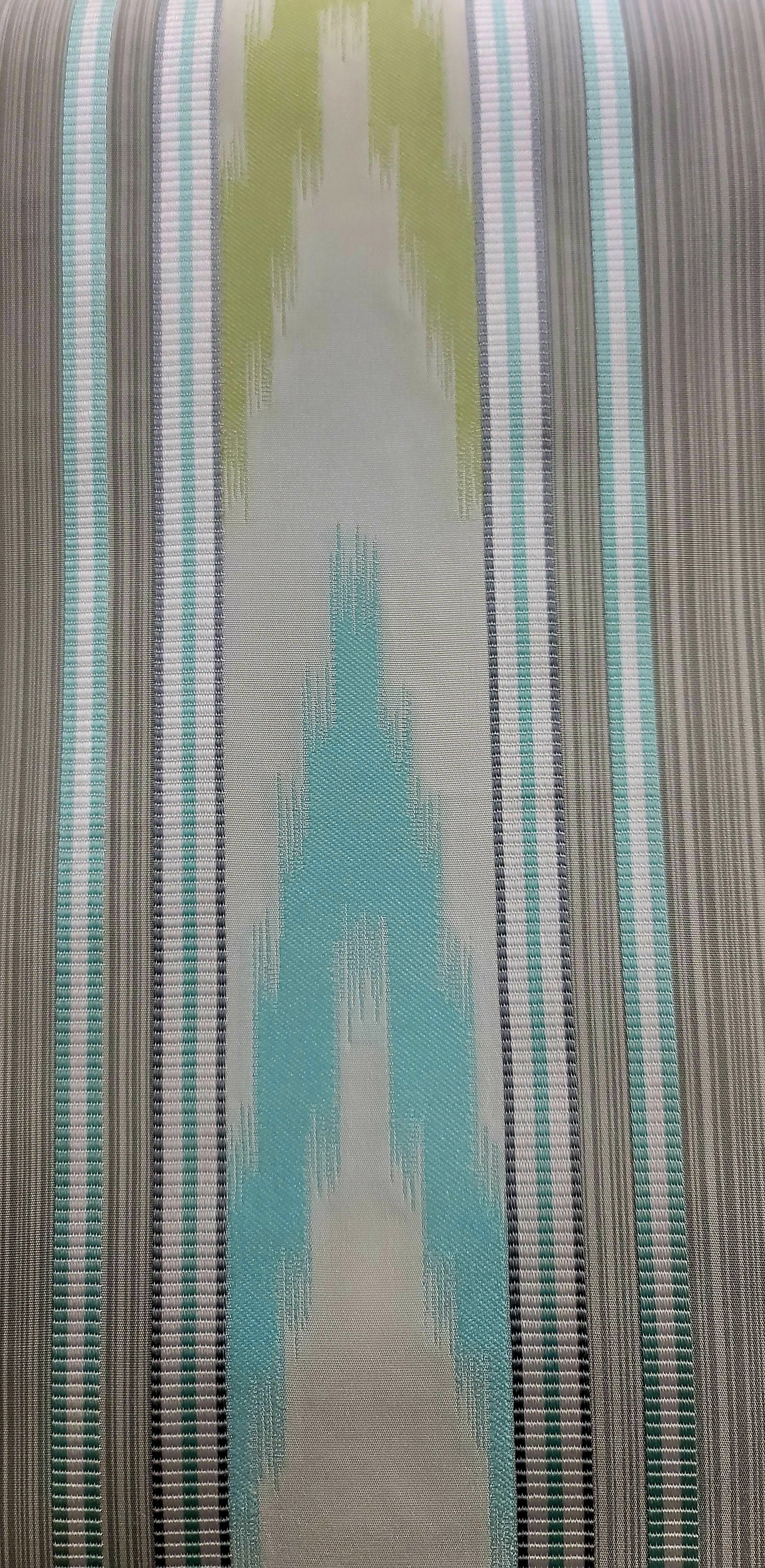 Aqua & Chartreuse Ikat Stripe Upholstery Fabric – Modern Global Woven Design