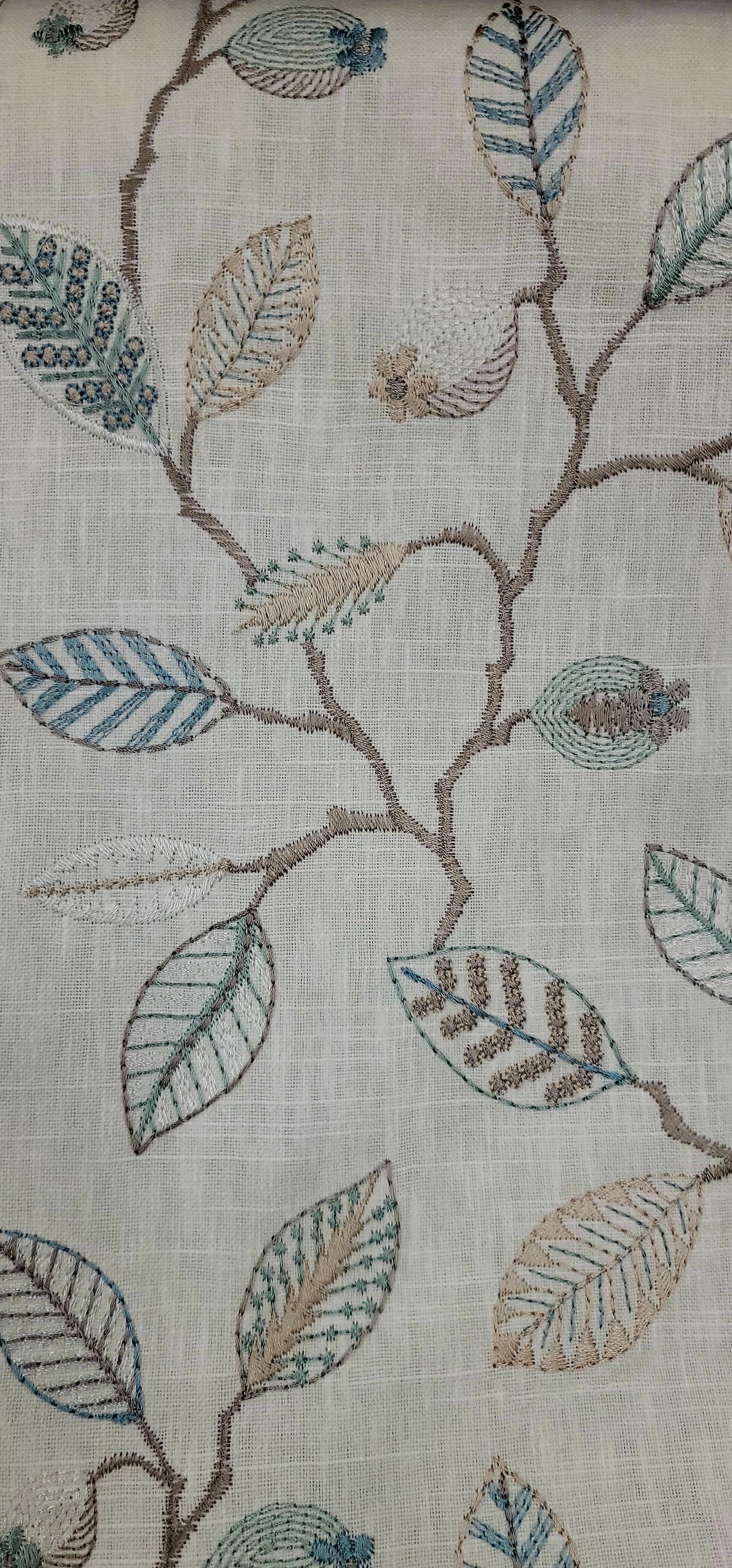 Embroidered Vine & Leaf Fabric – Blue and Taupe Decorative Drapery Textile