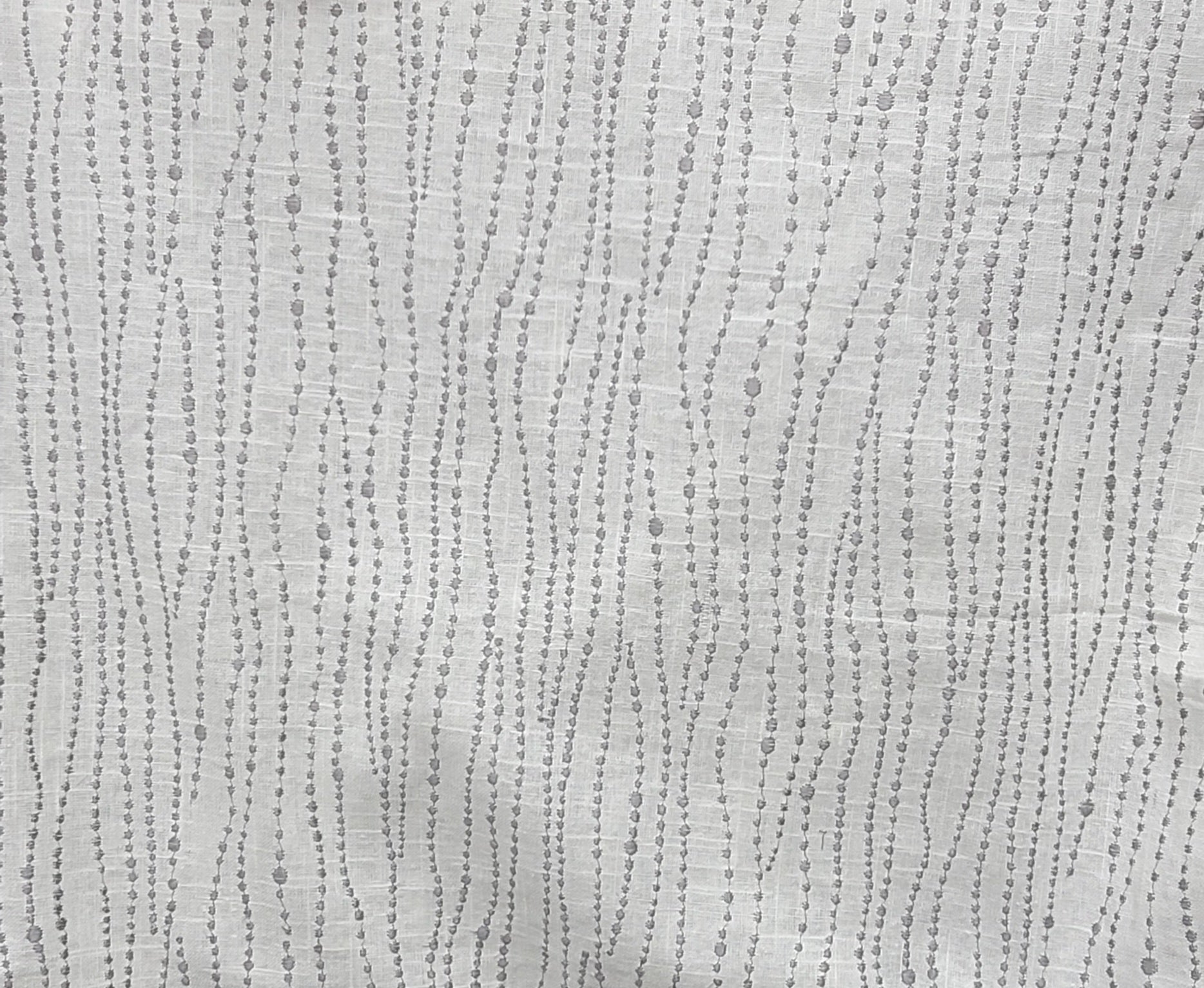 White Fabric with Subtle Gray Dot Stripe Pattern – Light Linen Blend for Drapery