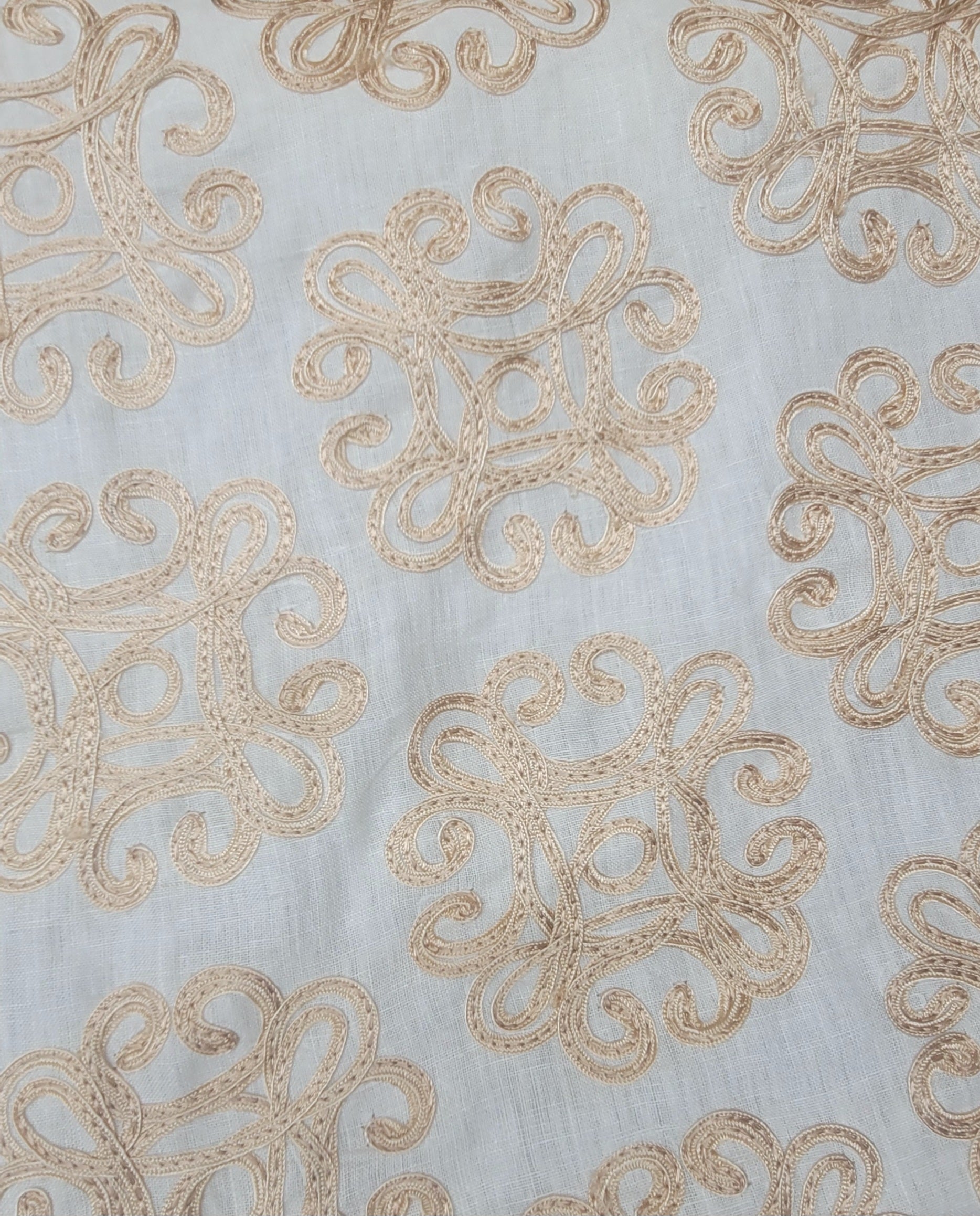 Beige Embroidered Swirl Medallion Drapery Fabric