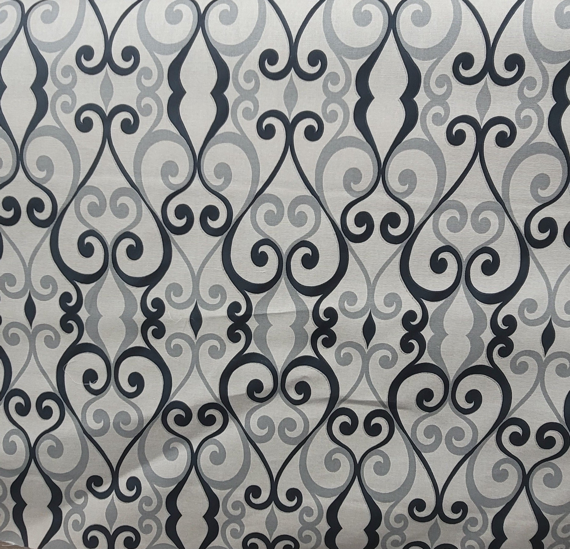 Elegant Black & Gray Scrollwork Upholstery Fabric – Contemporary Damask Design