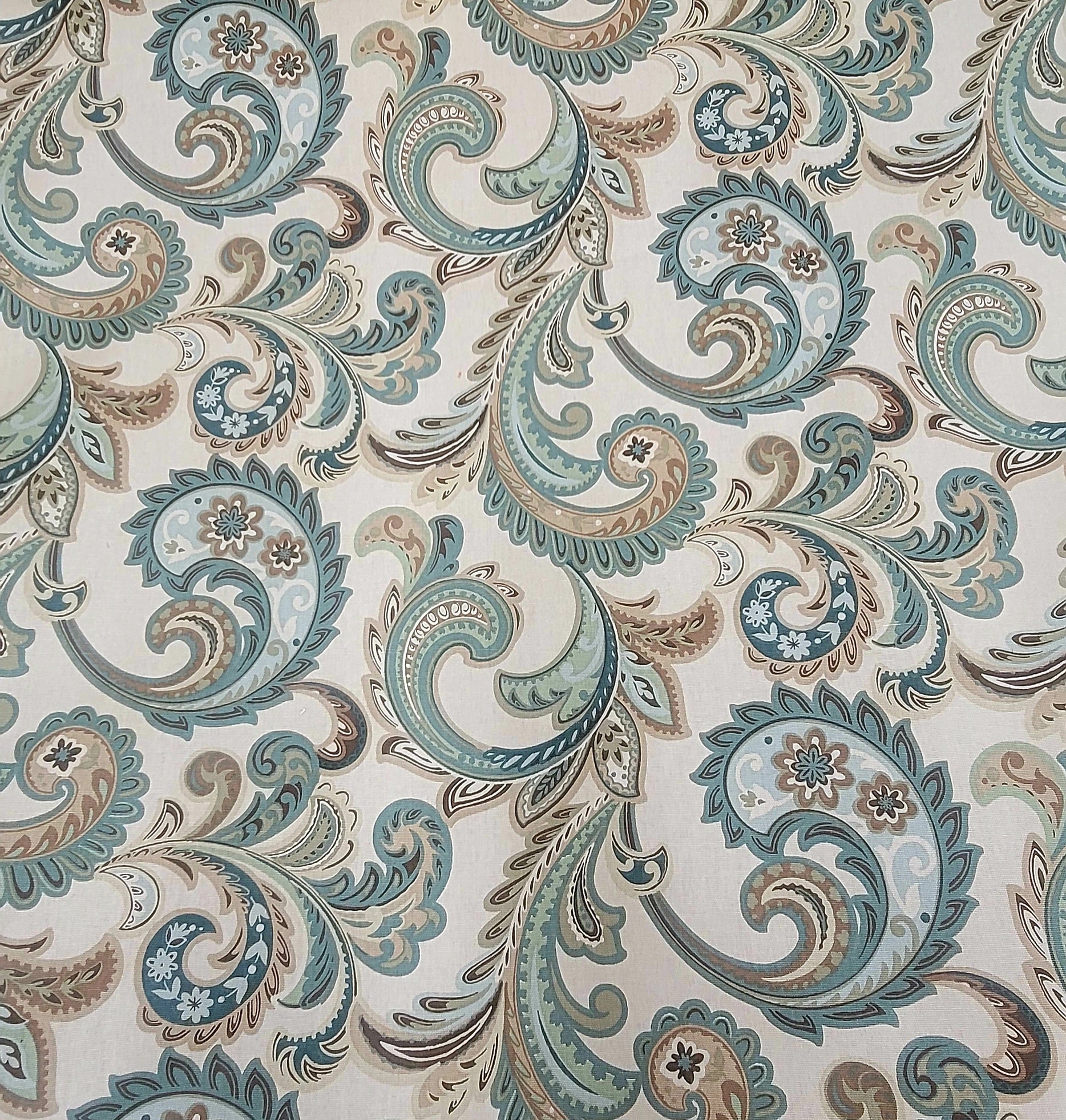 Teal and Taupe Paisley Fabric – Elegant Cotton Blend for Upholstery and Drapery