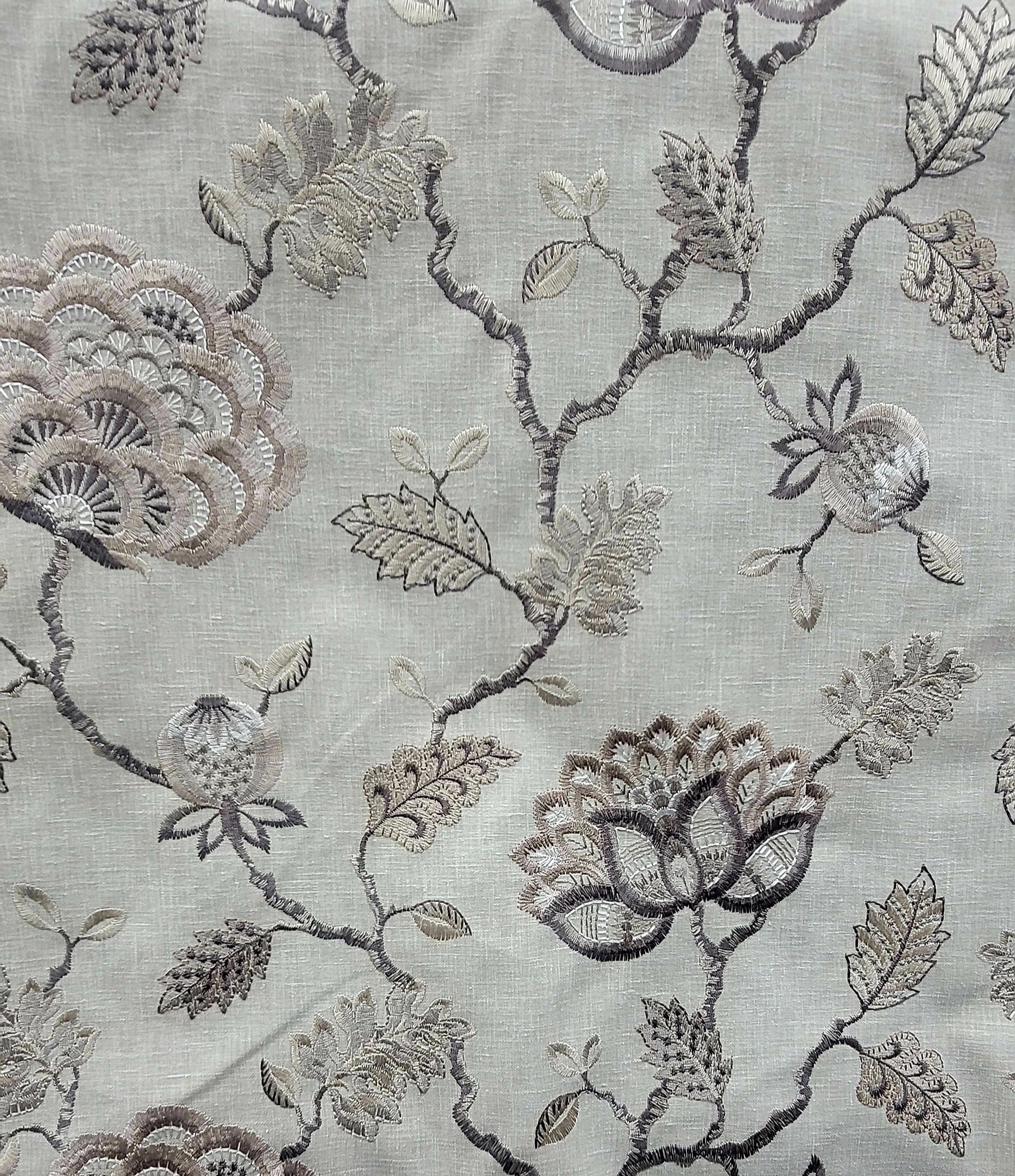Taupe Floral Embroidered Fabric – Elegant Linen Blend for Drapery & Beddings