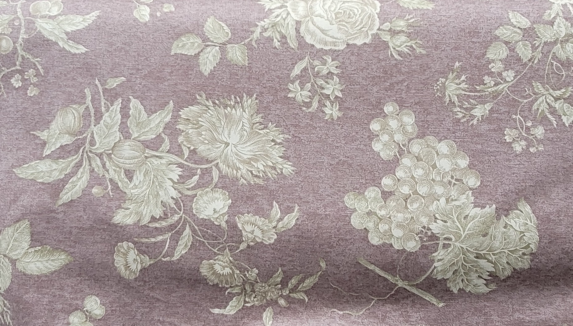 Vintage Floral & Fruit Fabric on Mauve – Elegant Upholstery & Drapery