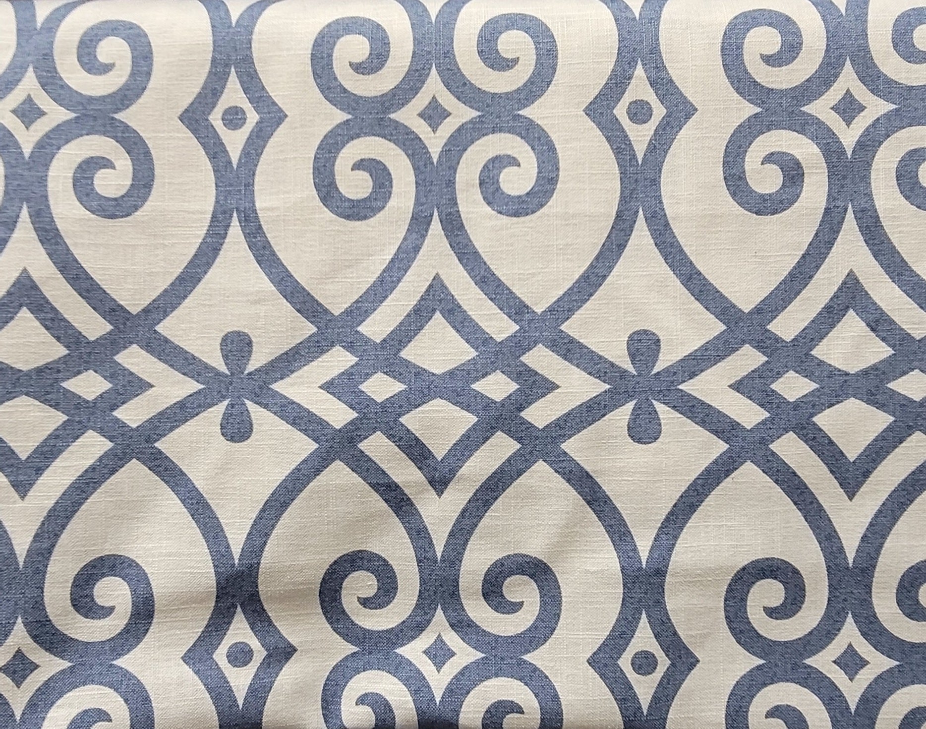 Blue Geometric Scroll Fabric on White – Upholstery & Drapery