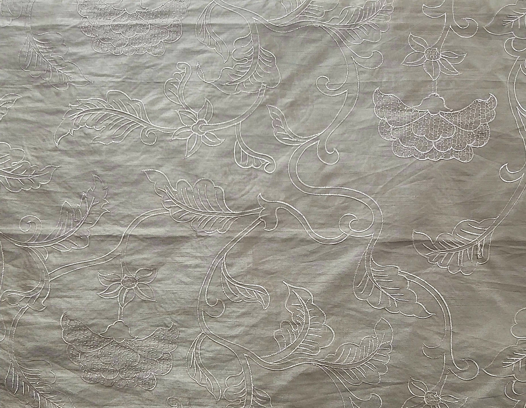 Elegant Embroidered Floral Fabric Fux Silk – Taupe with White Thread Detailing for Drapery