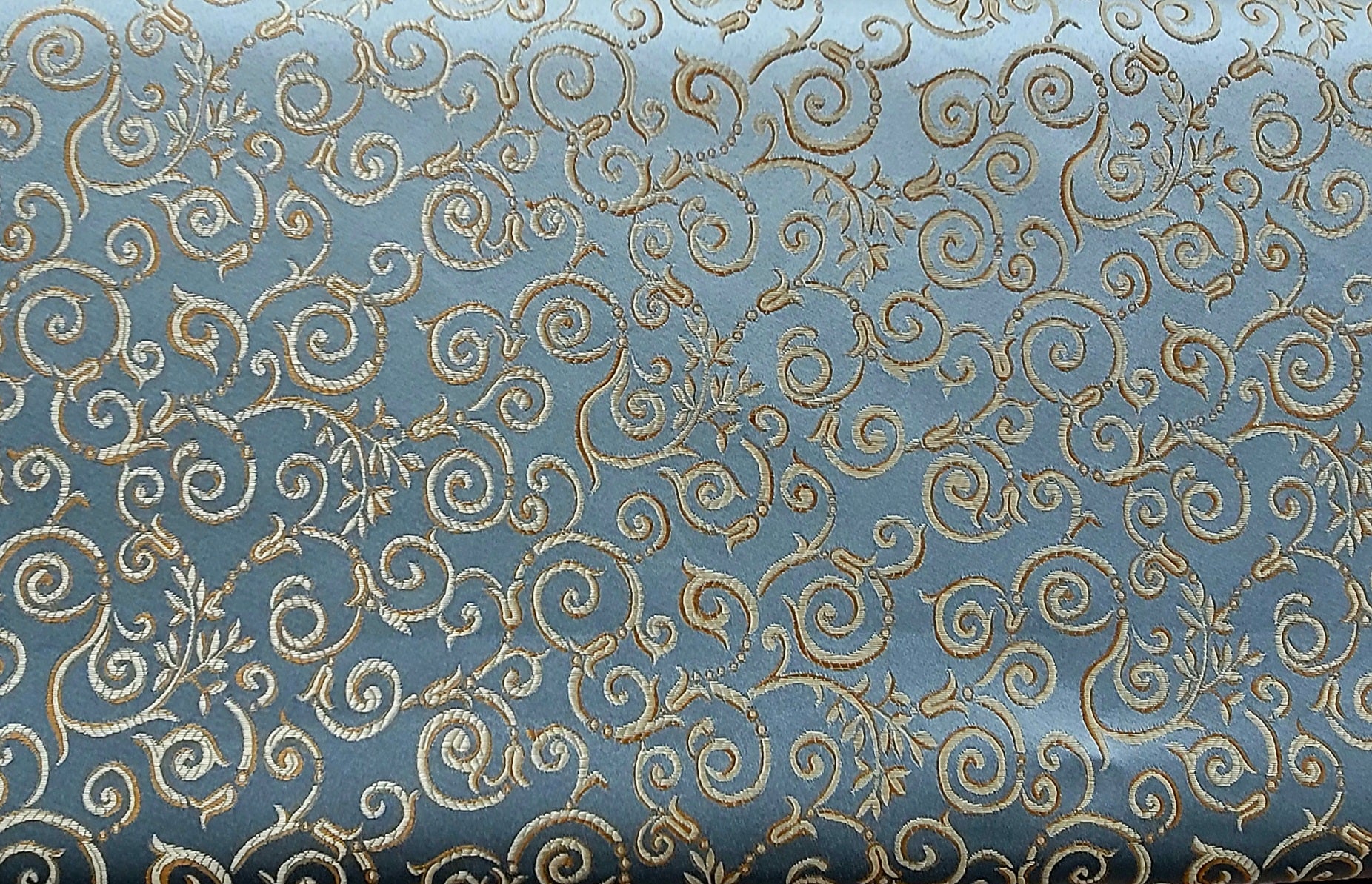 Light Blue & Gold Scroll Embroidered Fabric – Elegant Drapery Material