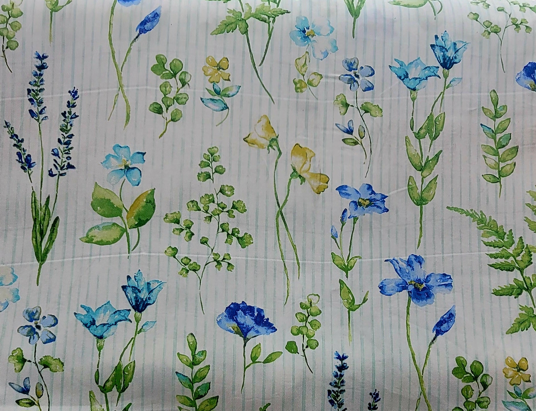 Watercolor Wildflower Botanical Print Fabric – Blue & Green Floral Design