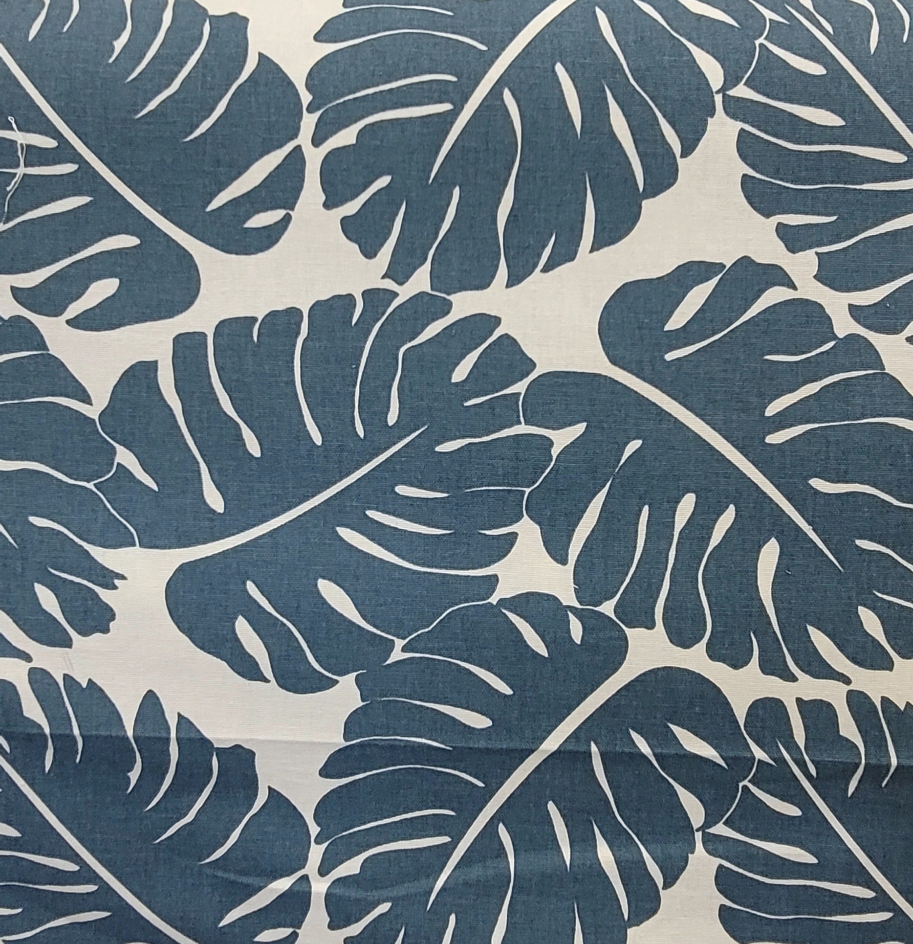 Blue Polyester Fabric with Large Monstera Leaf Print – Tropical Botanical Design