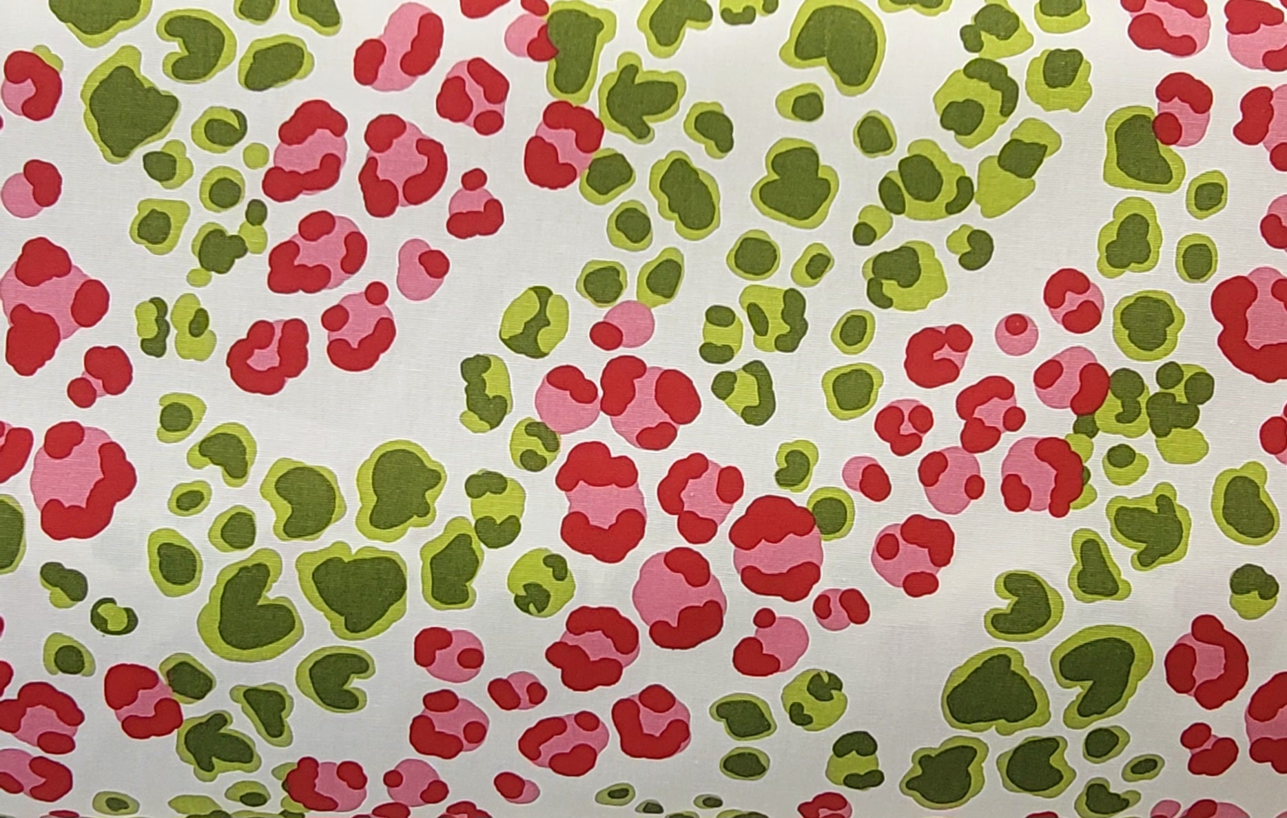 White Polyester Fabric with Red, Pink & Green Abstract Spot Print – Modern Artistic Design
