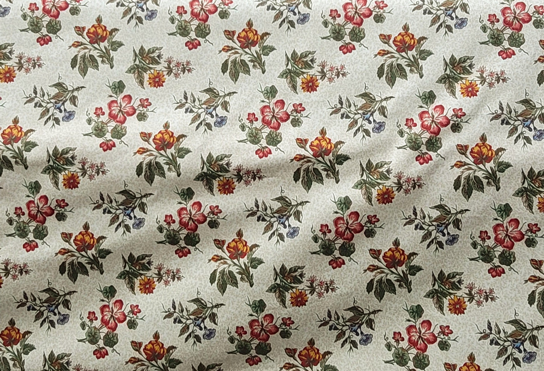 Cream Cotton Fabric with Small Multicolor Floral Print – Vintage Garden Design