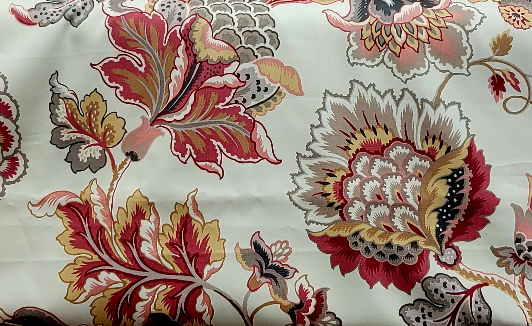 White Cotton Fabric with Red, Gold & Gray Large Floral Print – Classic Jacobean Design