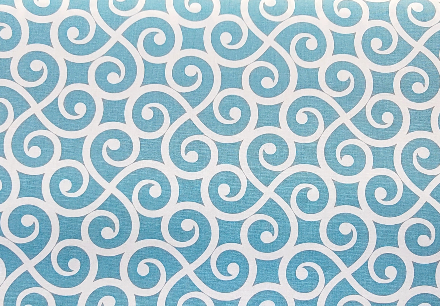 Aqua Blue Polyester Fabric with Bold White Swirl Pattern – Modern Geometric Print