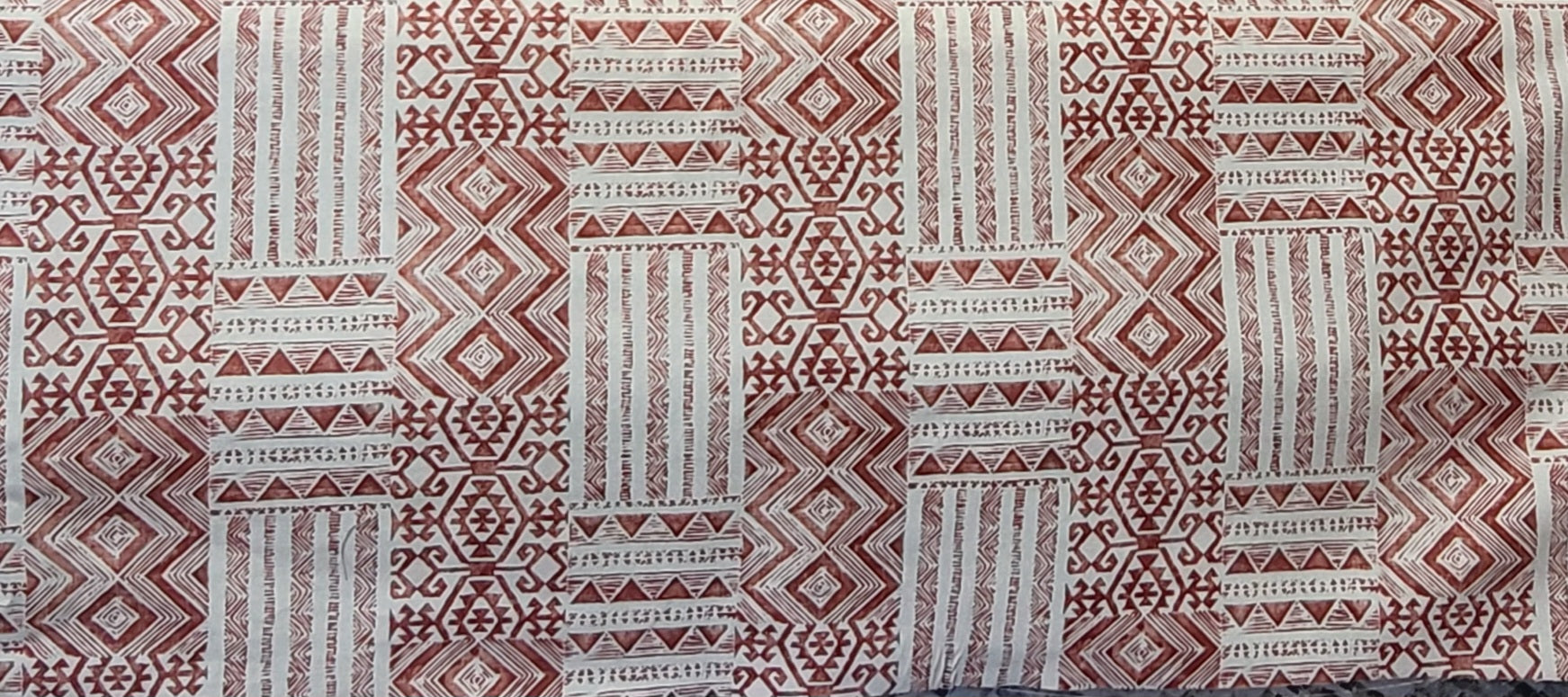 White and Rust Polyester Fabric with Tribal Geometric Print – Bohemian Ethnic Design