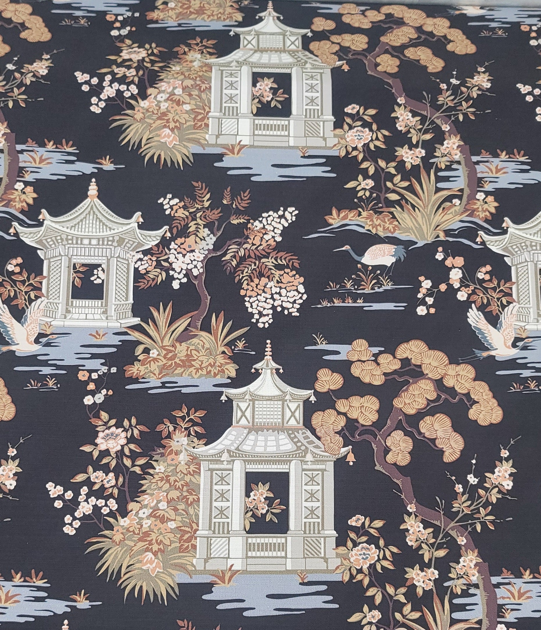Black Cotton Fabric with Oriental Garden Pagoda Print – Elegant Chinoiserie Design