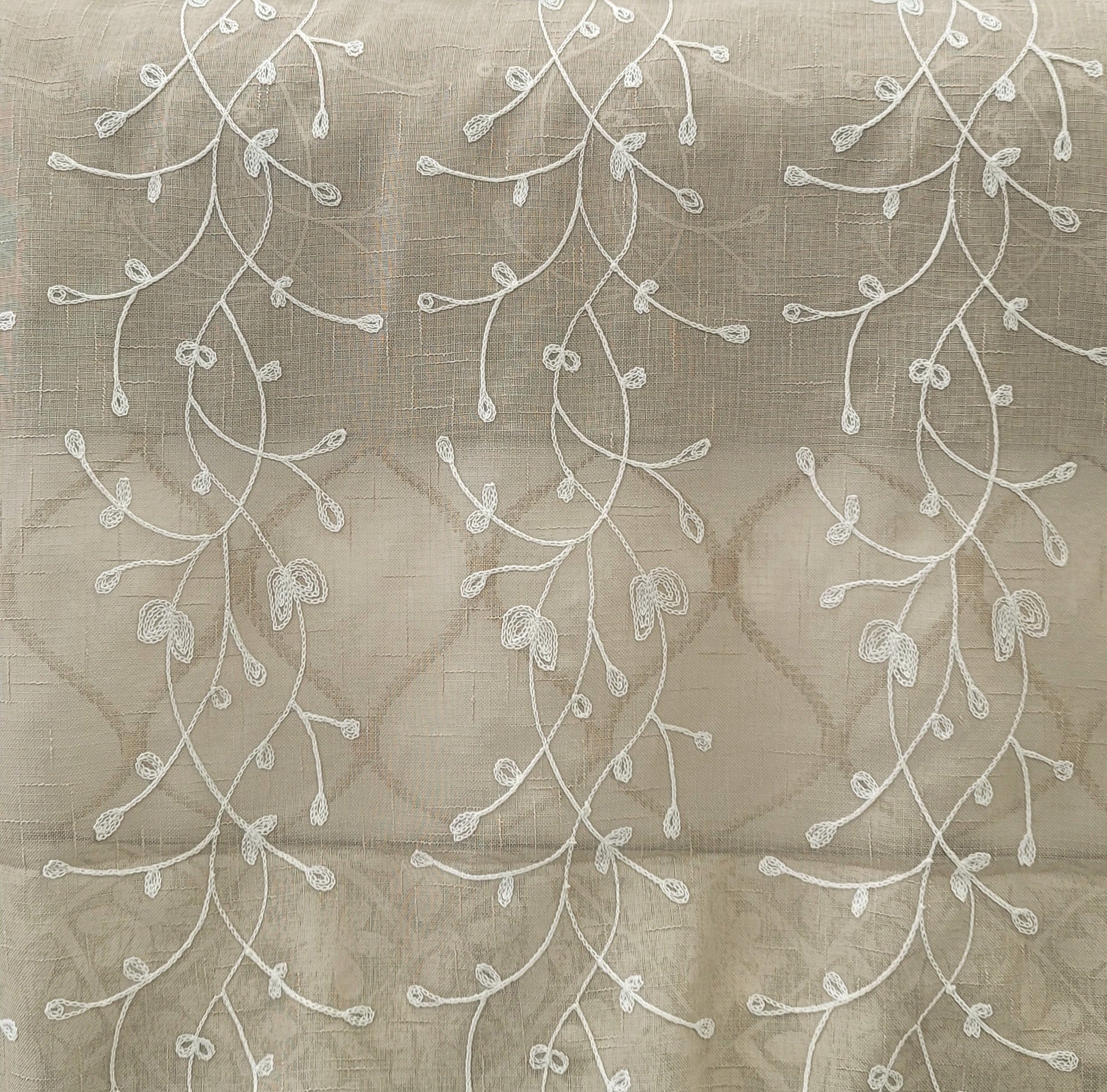 Light Beige Sheer Fabric with Delicate White Embroidery – Perfect for Curtains & Décor