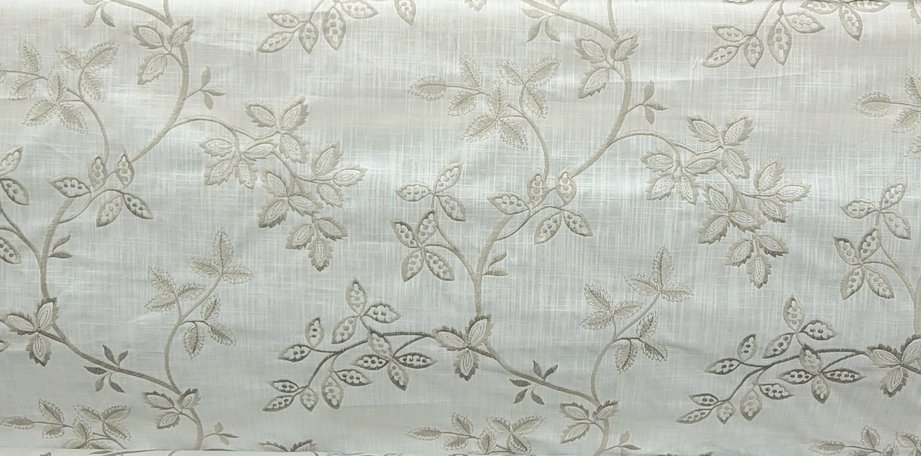 Ivory Leaf Embroidered Fabric – Subtle Botanical Design for Drapery