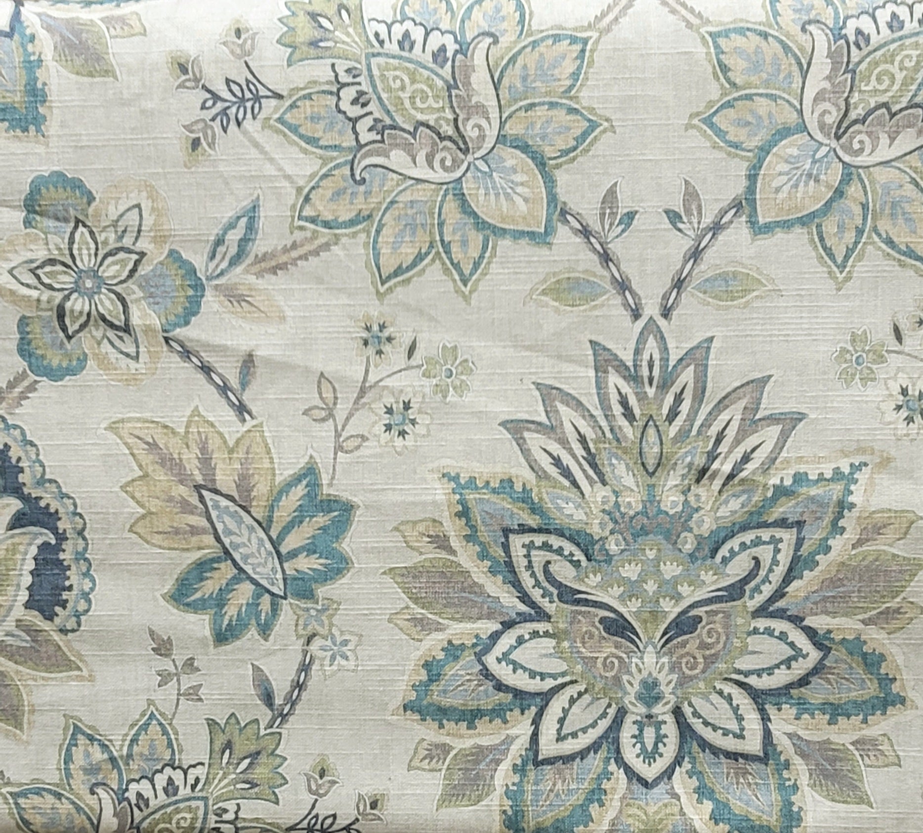 Teal & Taupe Botanical Medallion Upholstery Fabric – Linen Look, Floral Print