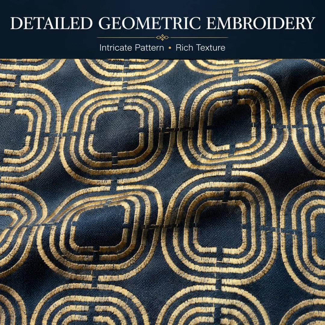 Black and Gold Embroidered Geometric Fabric – Decorative Textile for Drapery, Curtains & Home Décor