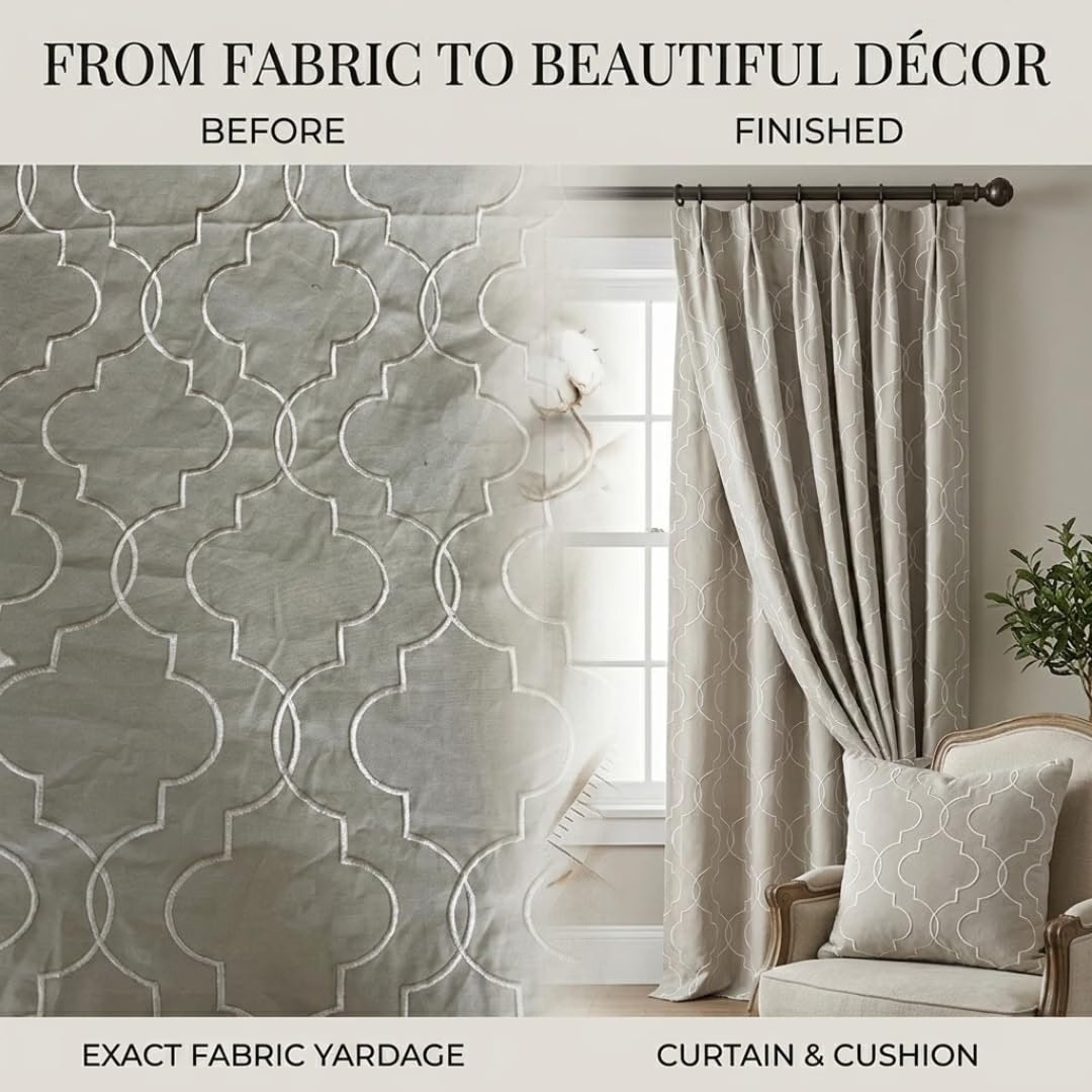 Gold and Beige Embroidered Fabric, Geometric Quatrefoil Pattern, Decorative Fabric for Drapery, Curtains, Pillows and Sewing Projects