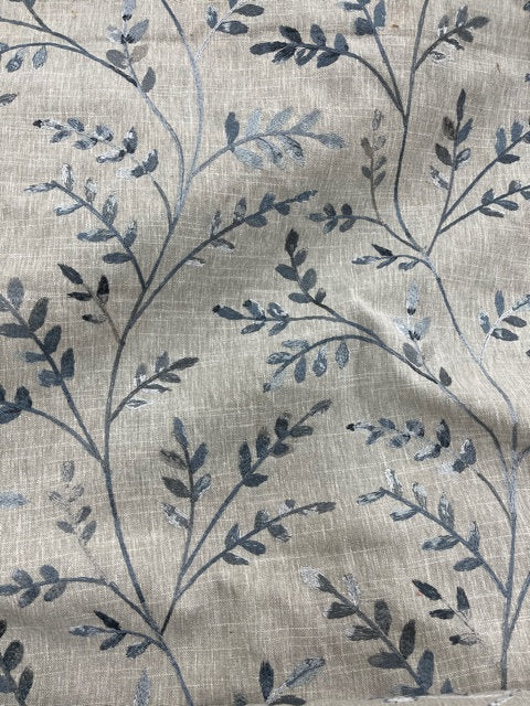 Mill End Shops Heavy Linen Embroidered Blue and Grey Leaves Free Shipping Limited Stock