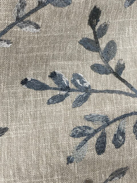 Mill End Shops Heavy Linen Embroidered Blue and Grey Leaves Free Shipping Limited Stock