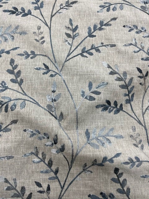 Mill End Shops Heavy Linen Embroidered Blue and Grey Leaves Free Shipping Limited Stock