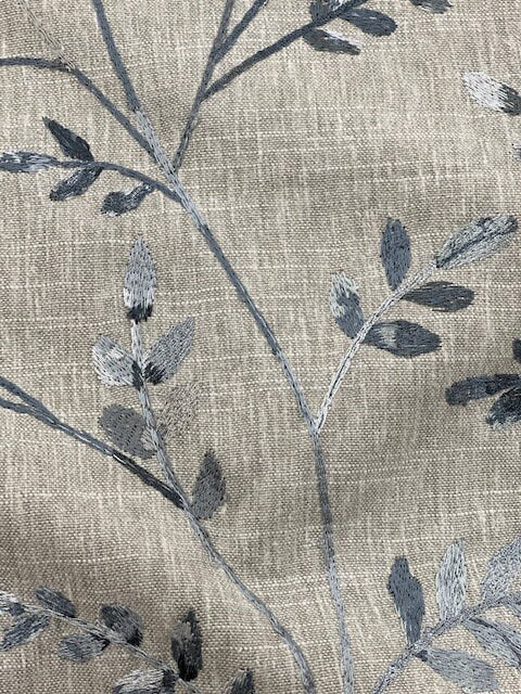 Mill End Shops Heavy Linen Embroidered Blue and Grey Leaves Free Shipping Limited Stock