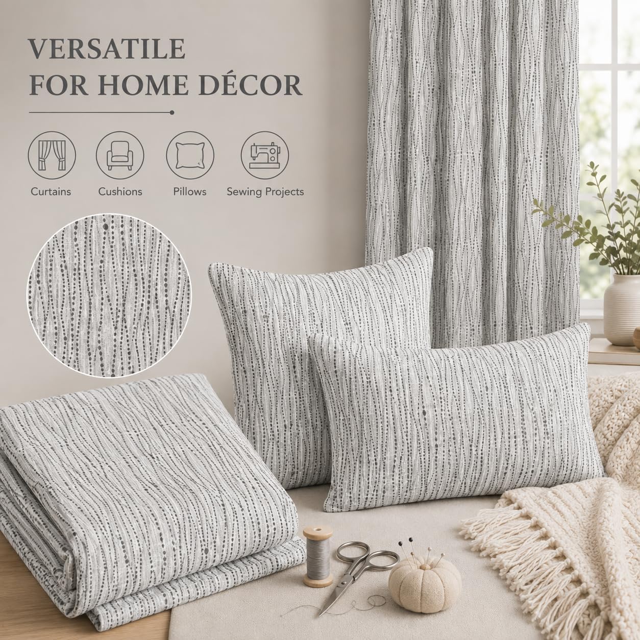 Gray and White Embroidered Fabric, Textured Raindrop Pattern Fabric by the Yard for Curtains, Drapery, Pillows, Cushions and Home Décor Sewing Projects