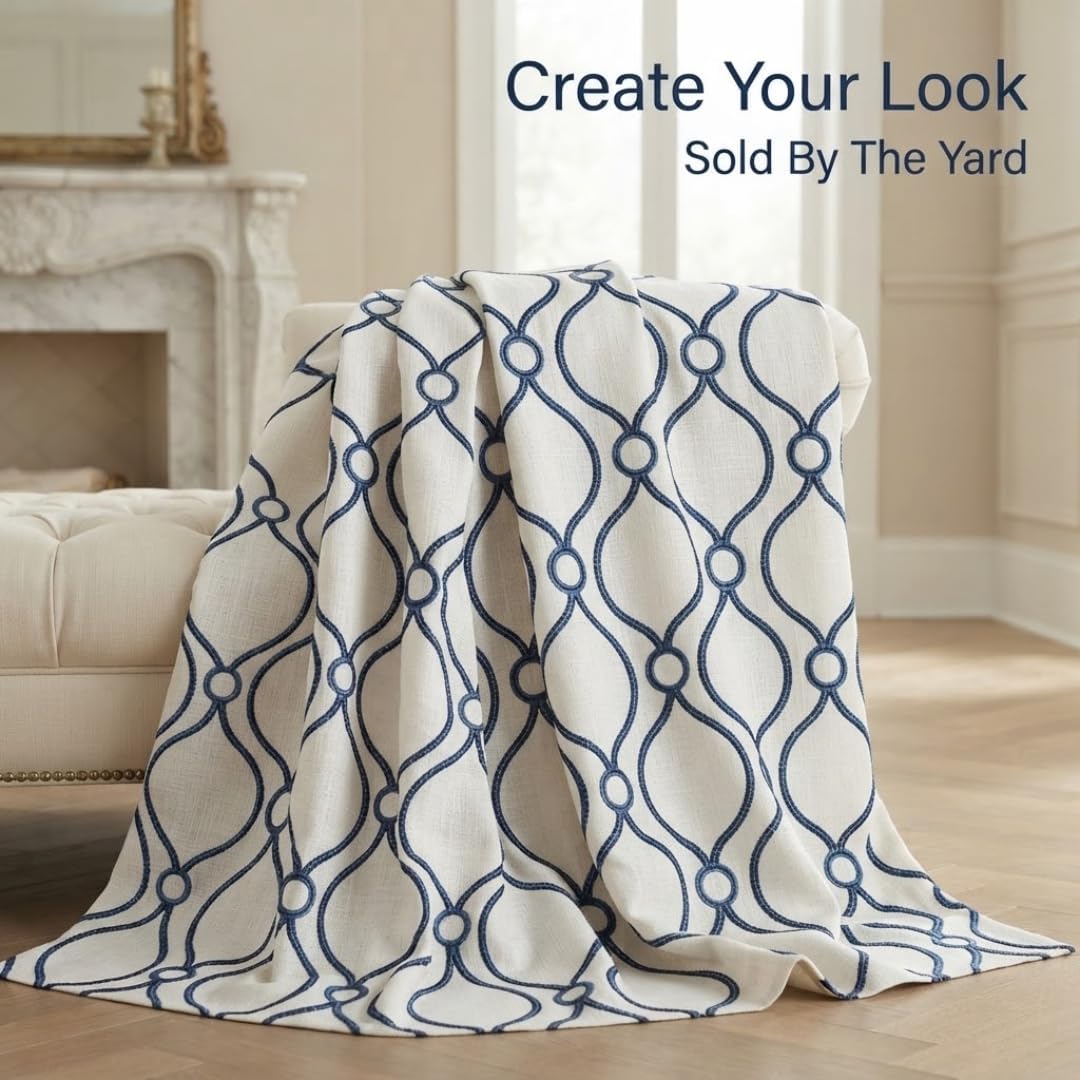 Blue and White Geometric Embroidered Fabric by the Yard, Decorative Patterned Fabric for Curtains, Drapery, Pillows, Cushions and Home Décor