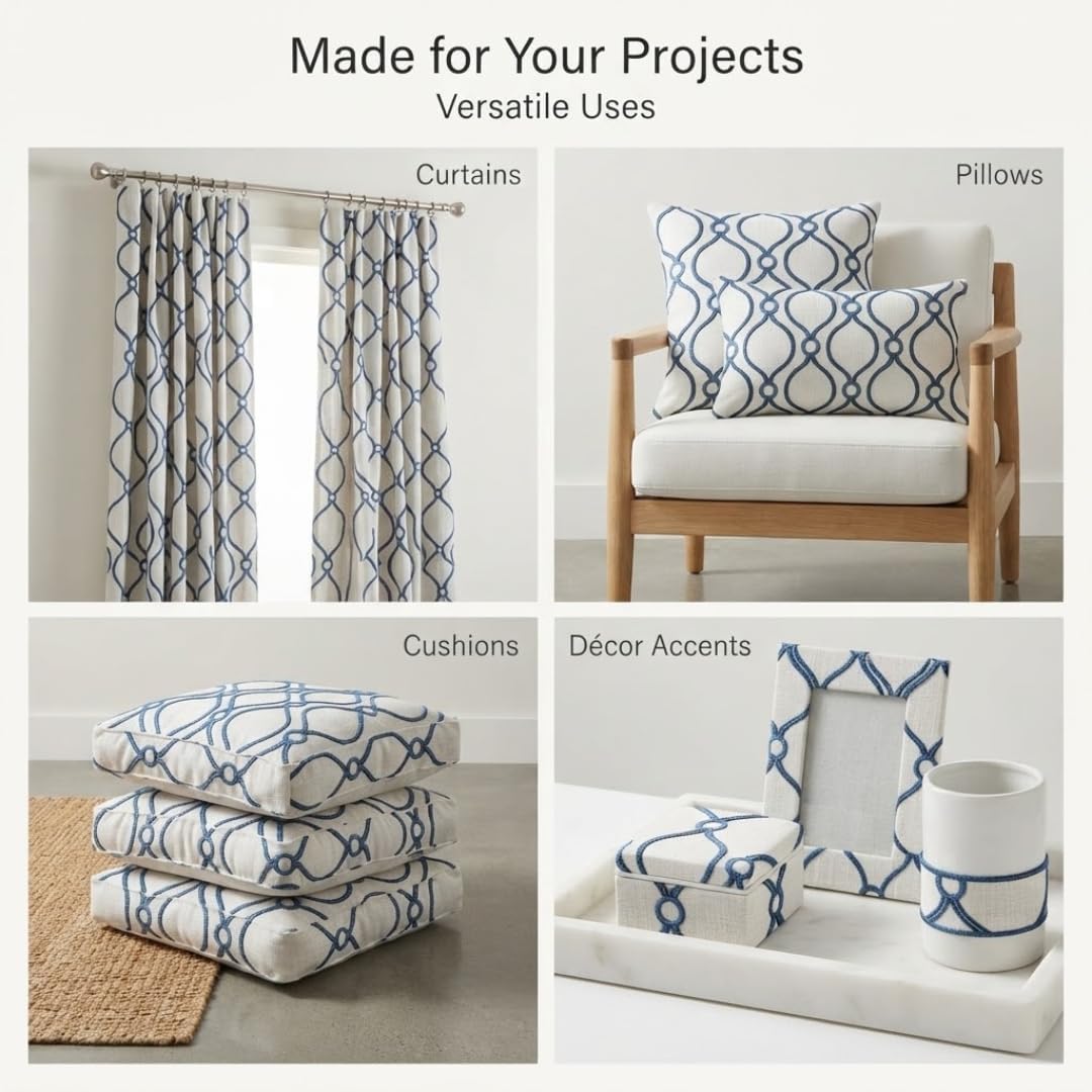 Blue and White Geometric Embroidered Fabric by the Yard, Decorative Patterned Fabric for Curtains, Drapery, Pillows, Cushions and Home Décor