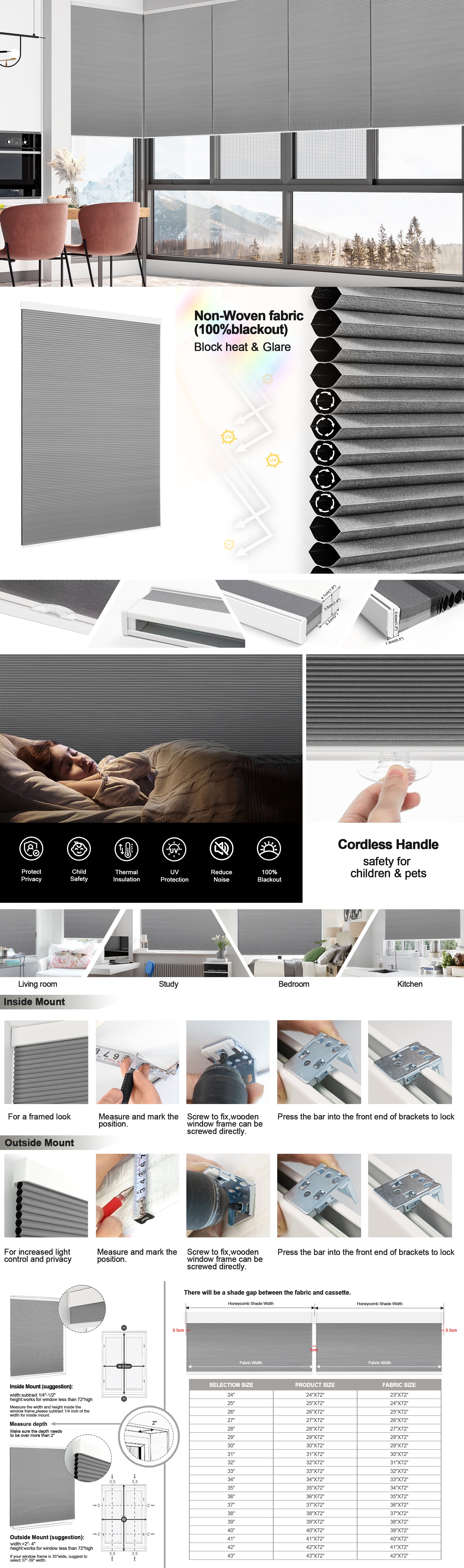 Cordless grey blackout honeycomb blinds