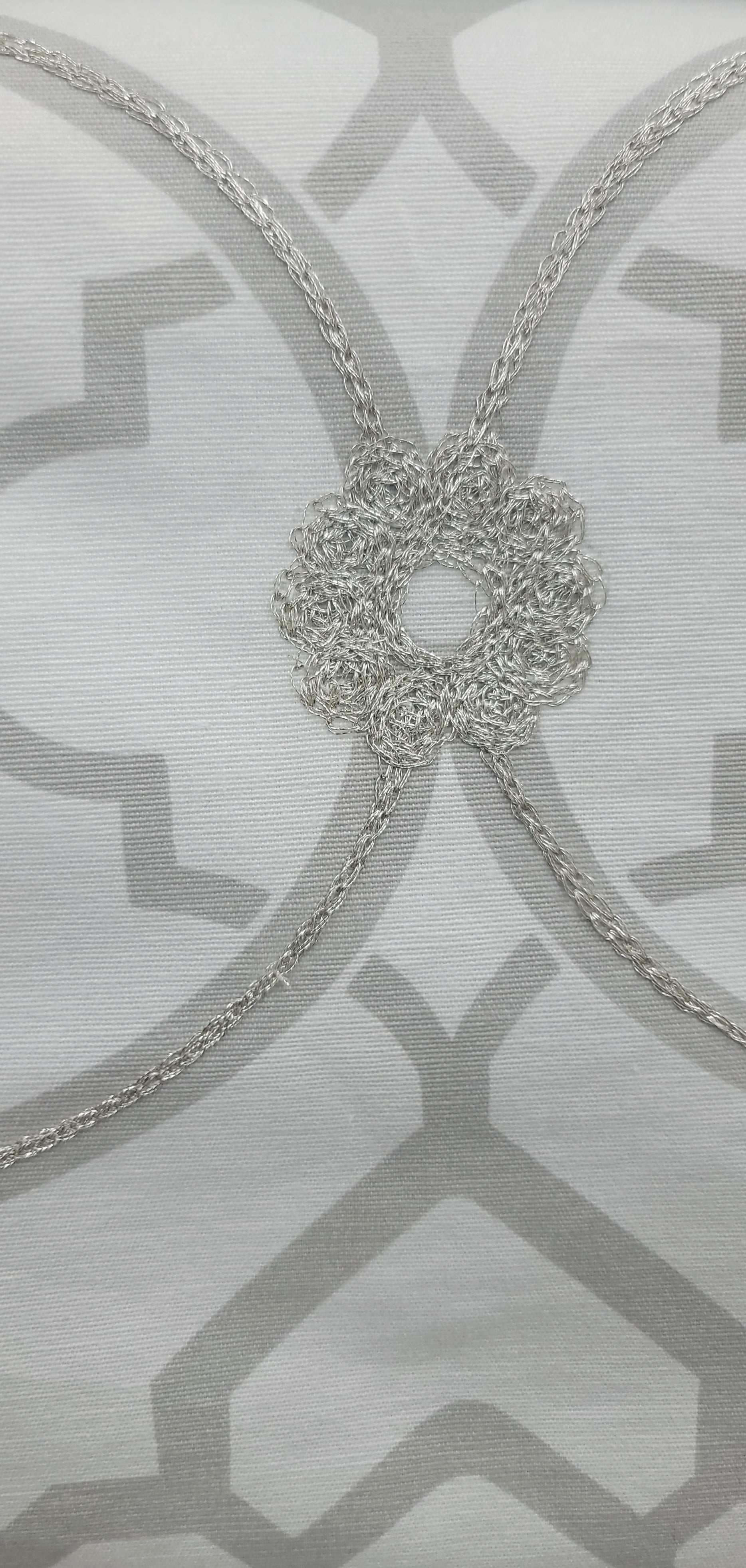 Gray Trellis Fabric with Metallic Silver Embroidered Medallion – Elegant Bedding & Drapery Textile