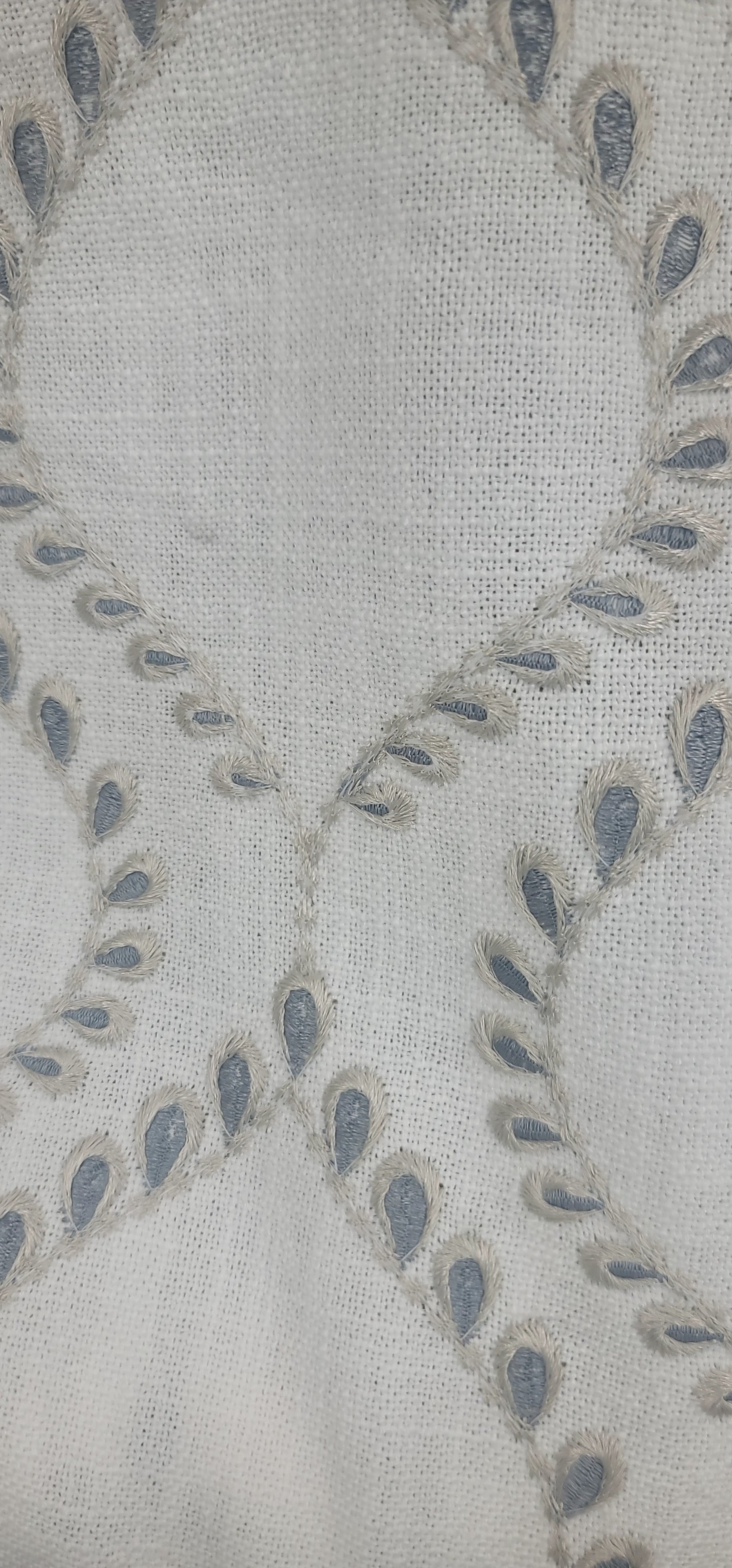 White Linen Fabric with Beige & Blue Embroidered Leaf Design – Decorative Drapery Textile