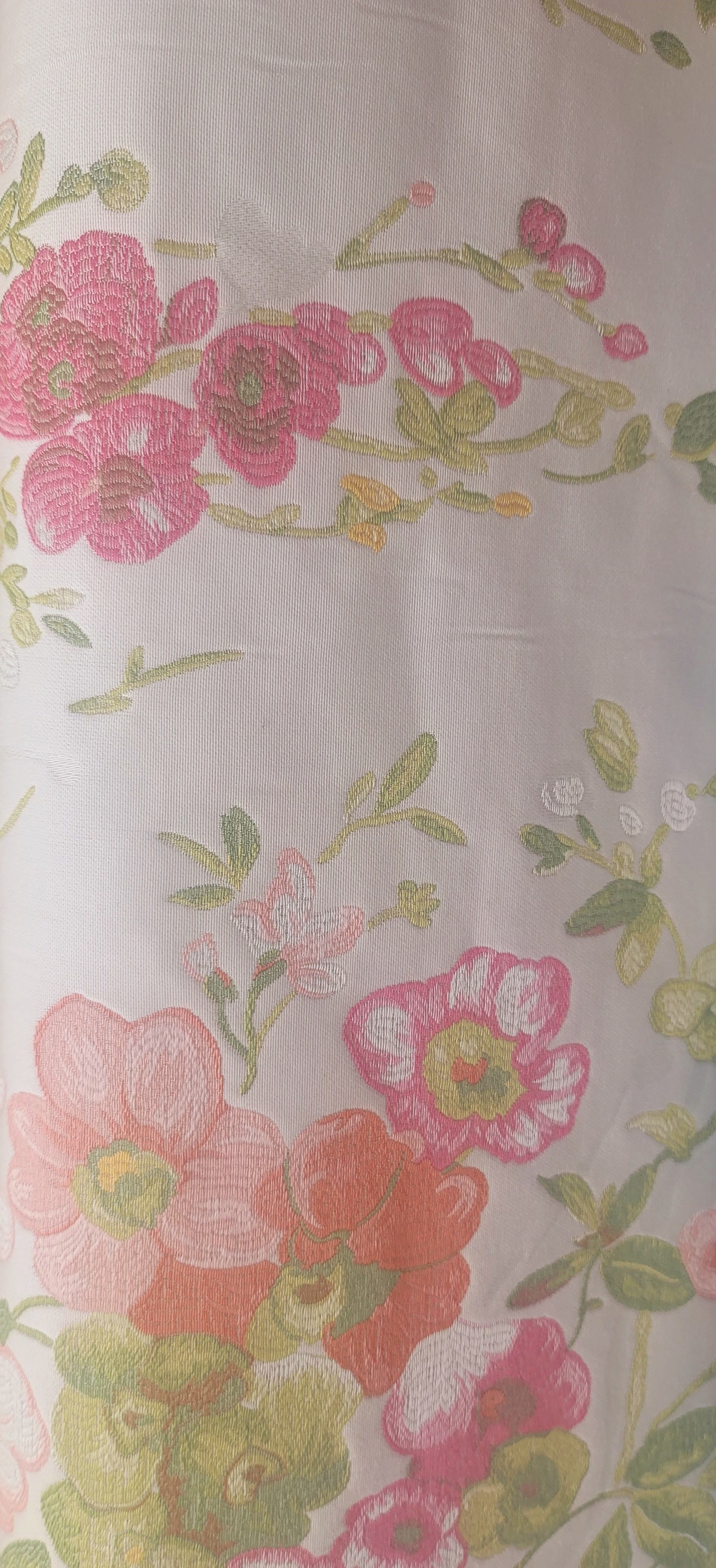 Pink & Green Floral  Fabric – White Background Upholstery & Drapery Textile