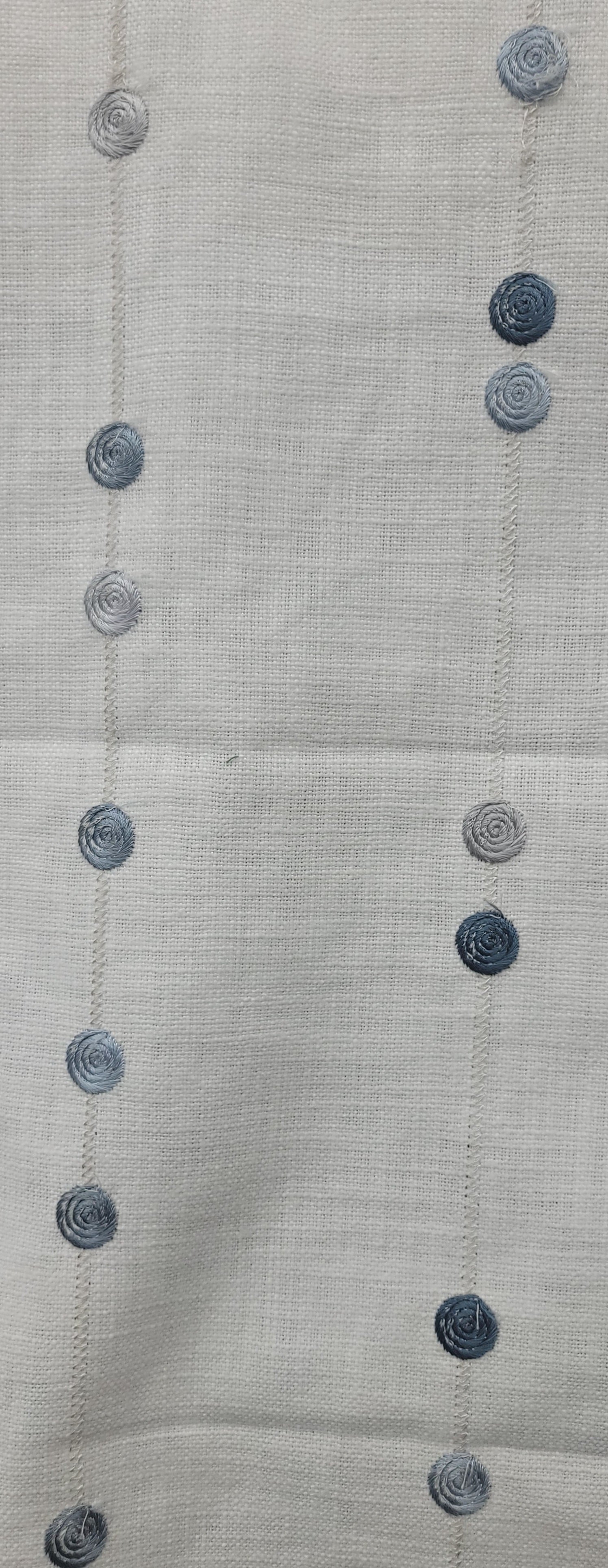White Linen Fabric with Blue Embroidered Spiral Dot Pattern – Lightweight Curtain & Bedding Textile