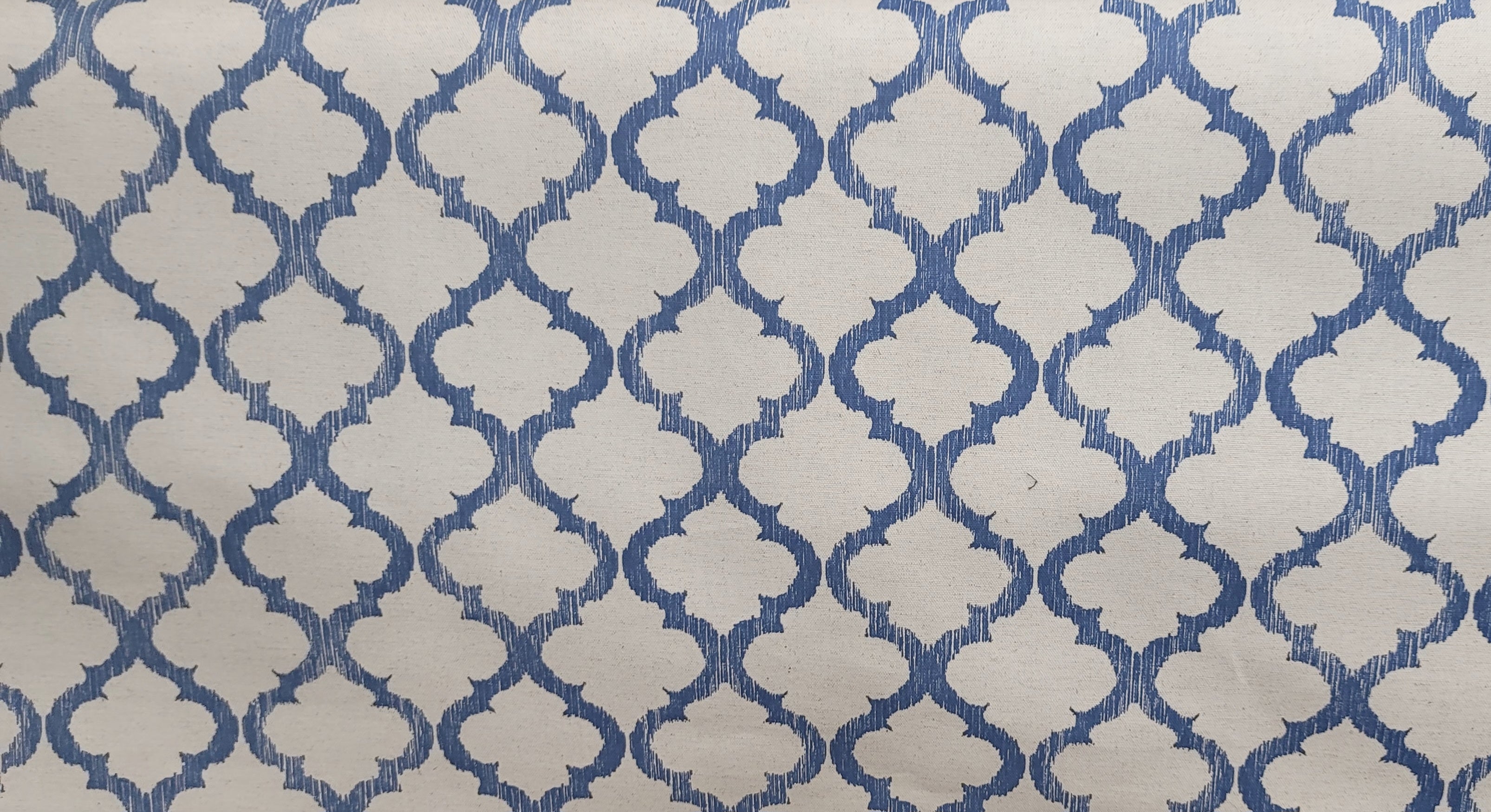 Blue and White Moroccan Trellis Print Fabric – Cotton Linen Blend for Curtains & Upholstery