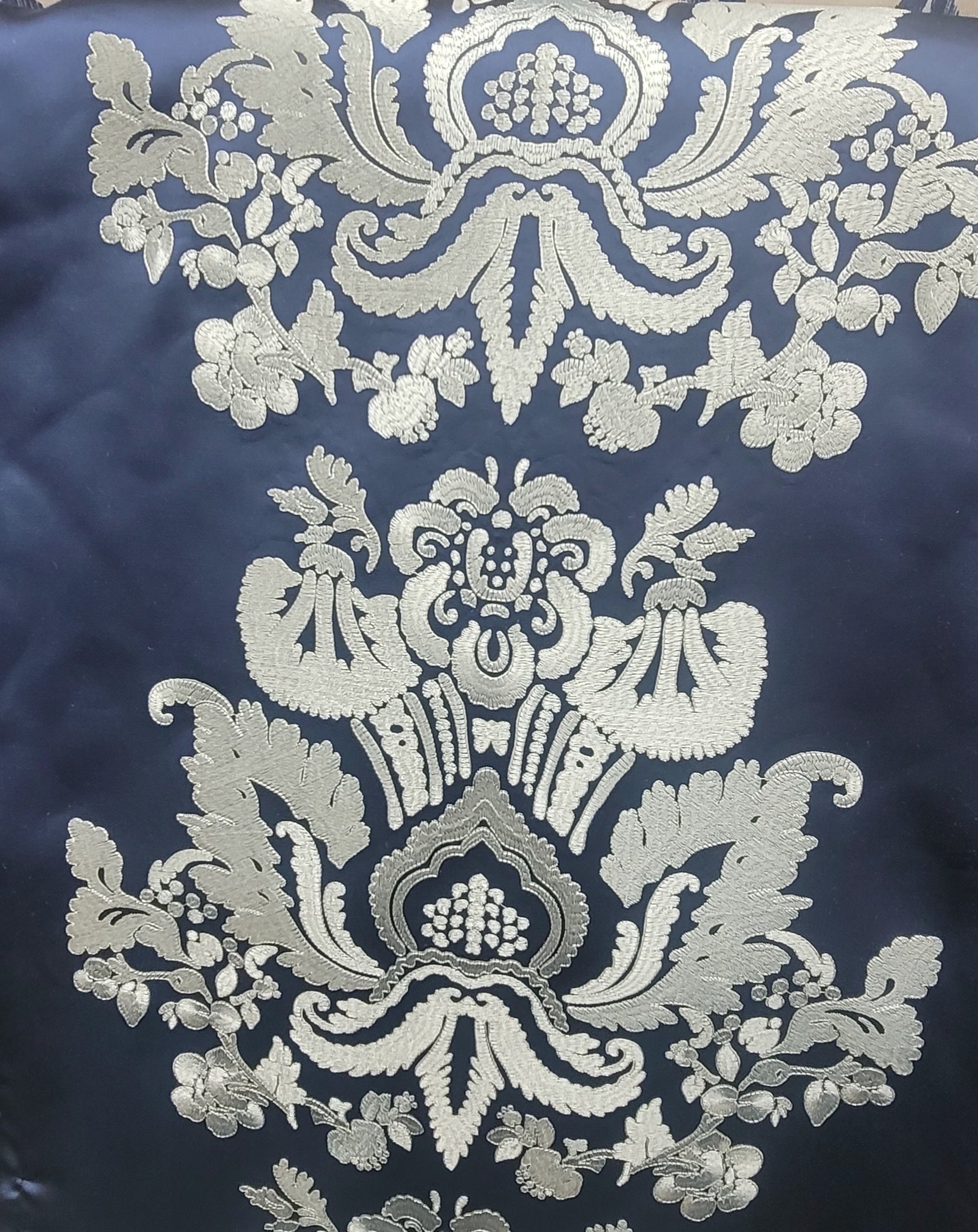 Navy Blue Brocade Fabric with Silver Floral Damask Embroidery – Luxury Drapery Textile