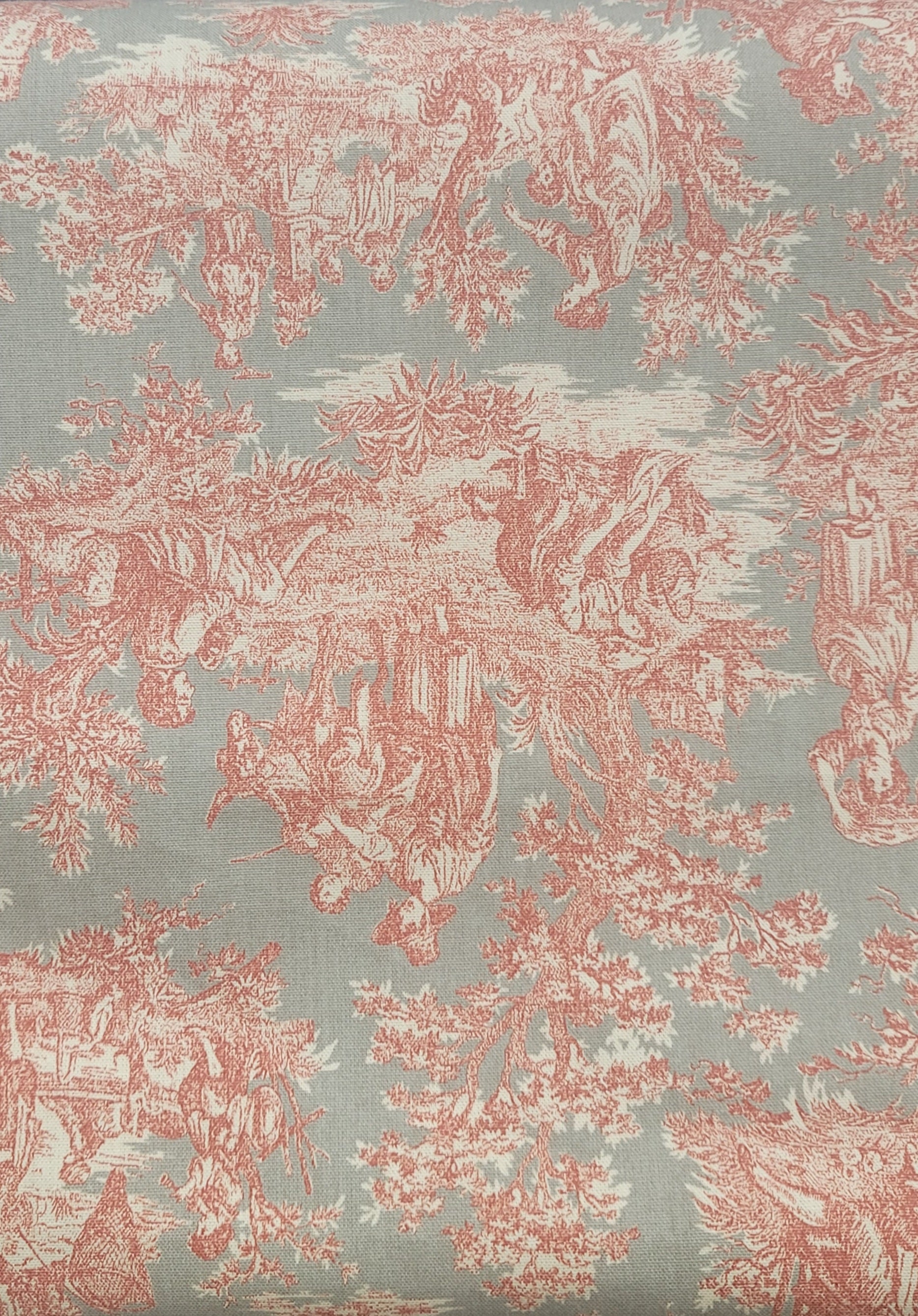 French Toile de Jouy Fabric – Red Pastoral Scene Print on Soft Blue Cotton Linen Blend
