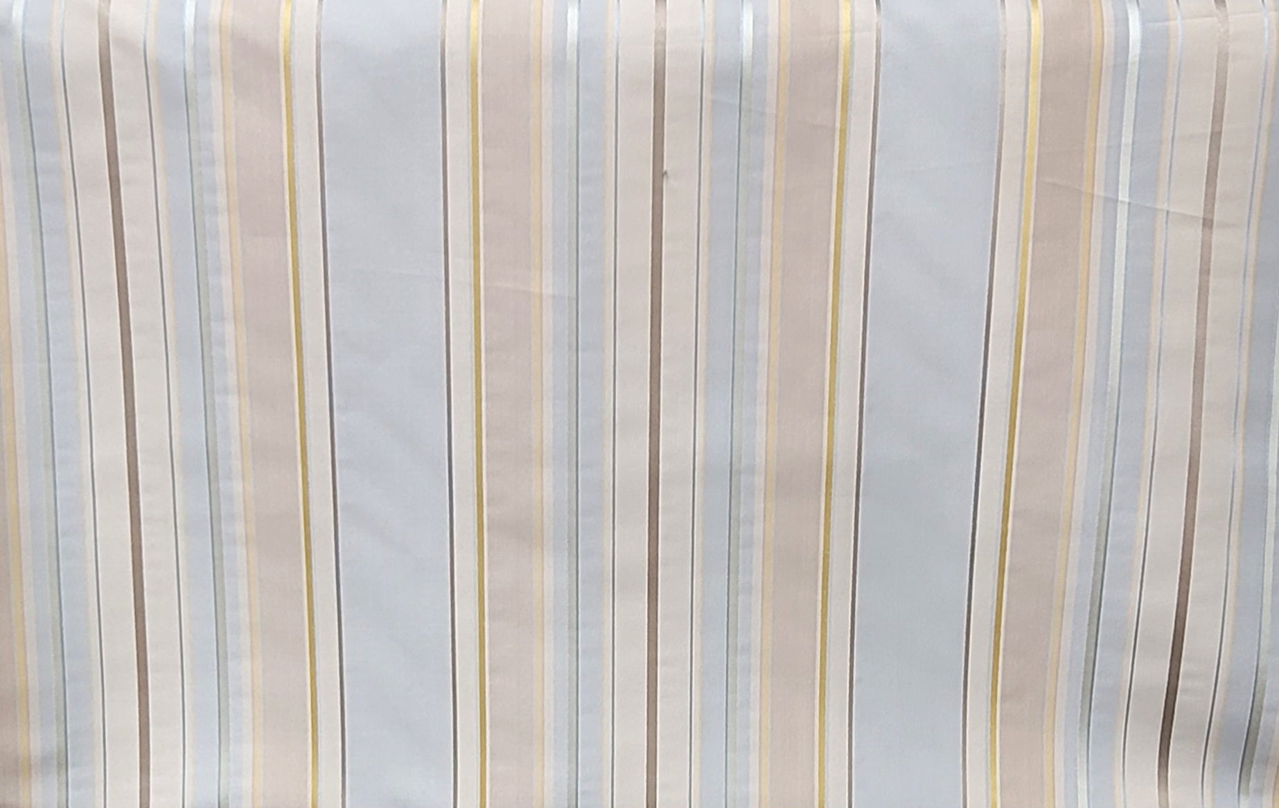 Neutral Stripe Fabric – Soft Beige, Blue & Yellow Satin Blend for Drapery
