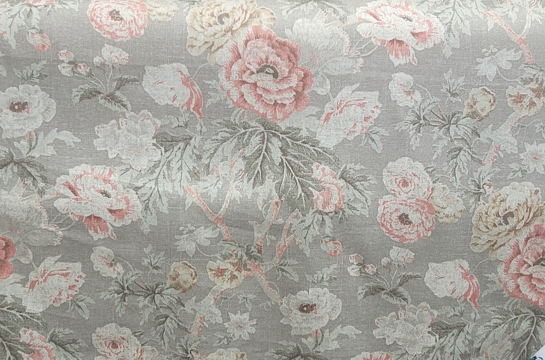 Vintage Rose Floral Upholstery Fabric – Soft Gray Background with Blush & Cream Blooms