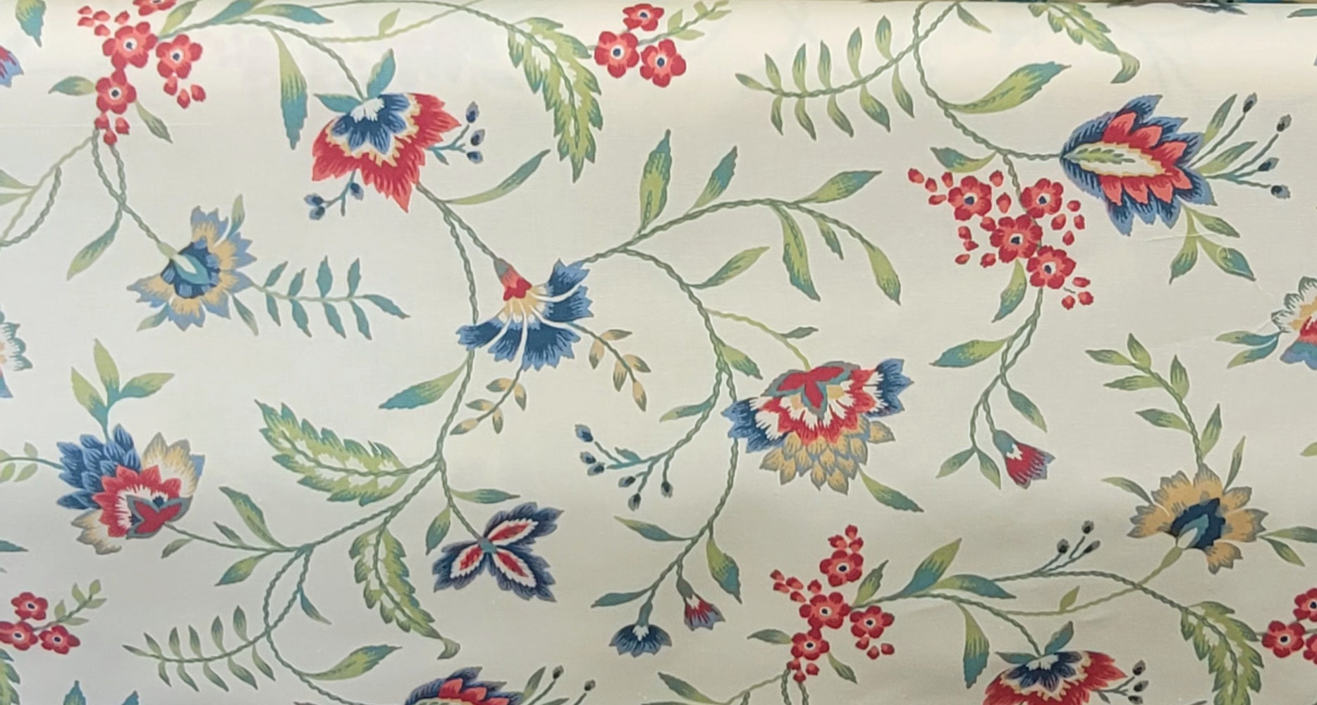 Floral Vine Print Upholstery & Drapery Fabric – Red, Blue & Green on light yellow