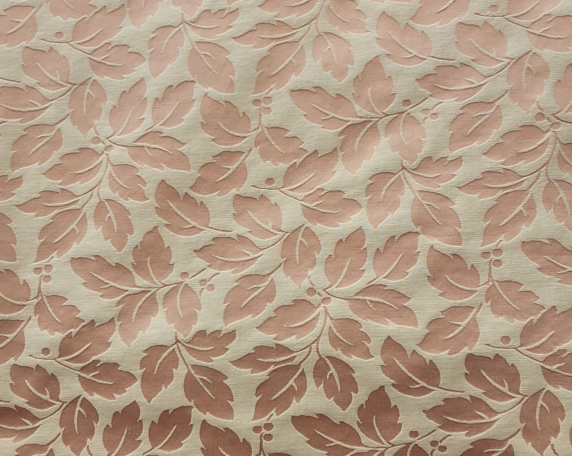 Beige and Rose Leaf Damask Upholstery Fabric – Elegant Jacquard Design