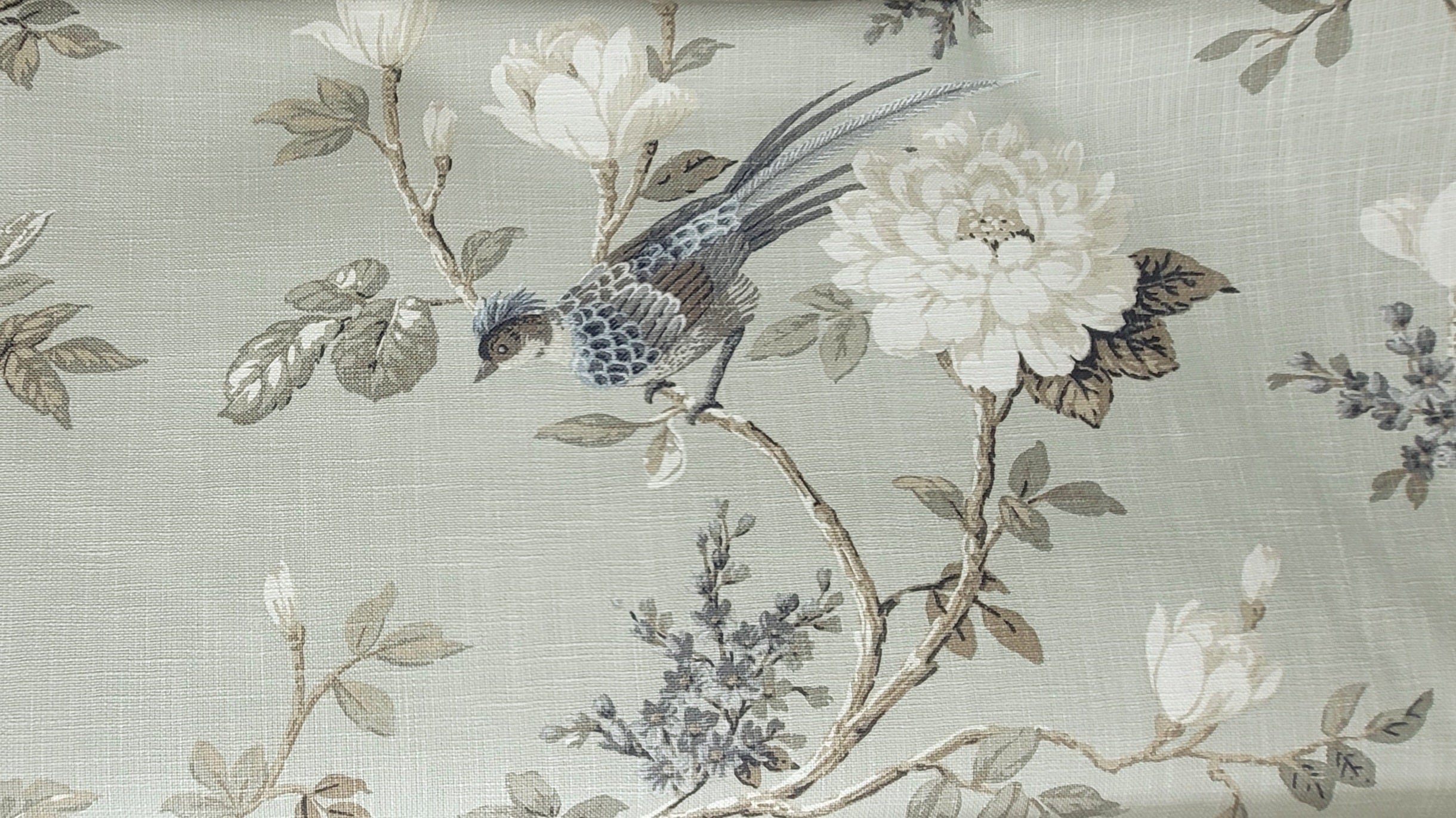 Gray Floral Bird Print Upholstery Fabric – Elegant Botanical Design