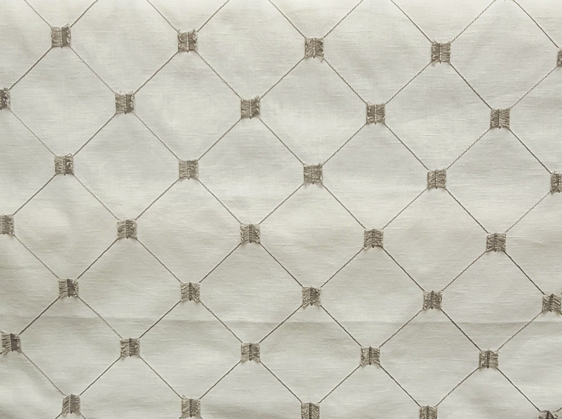 Ivory Embroidered Trellis Fabric – Geometric Lattice Design for Drapery