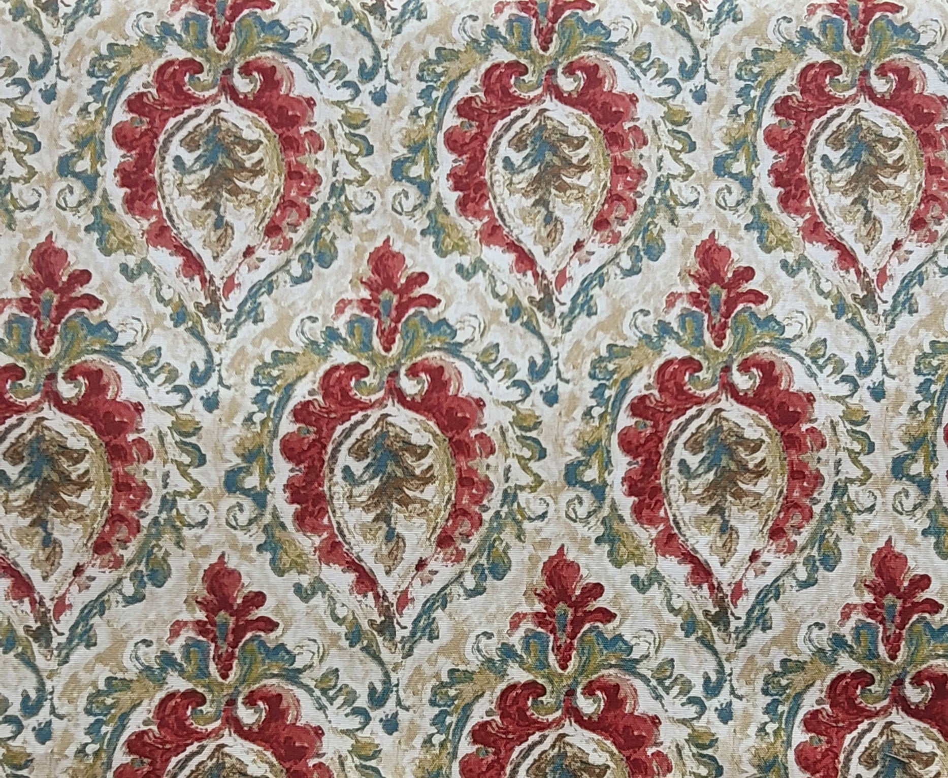 Red & Gold Damask Upholstery Fabric – Regal Scroll Pattern