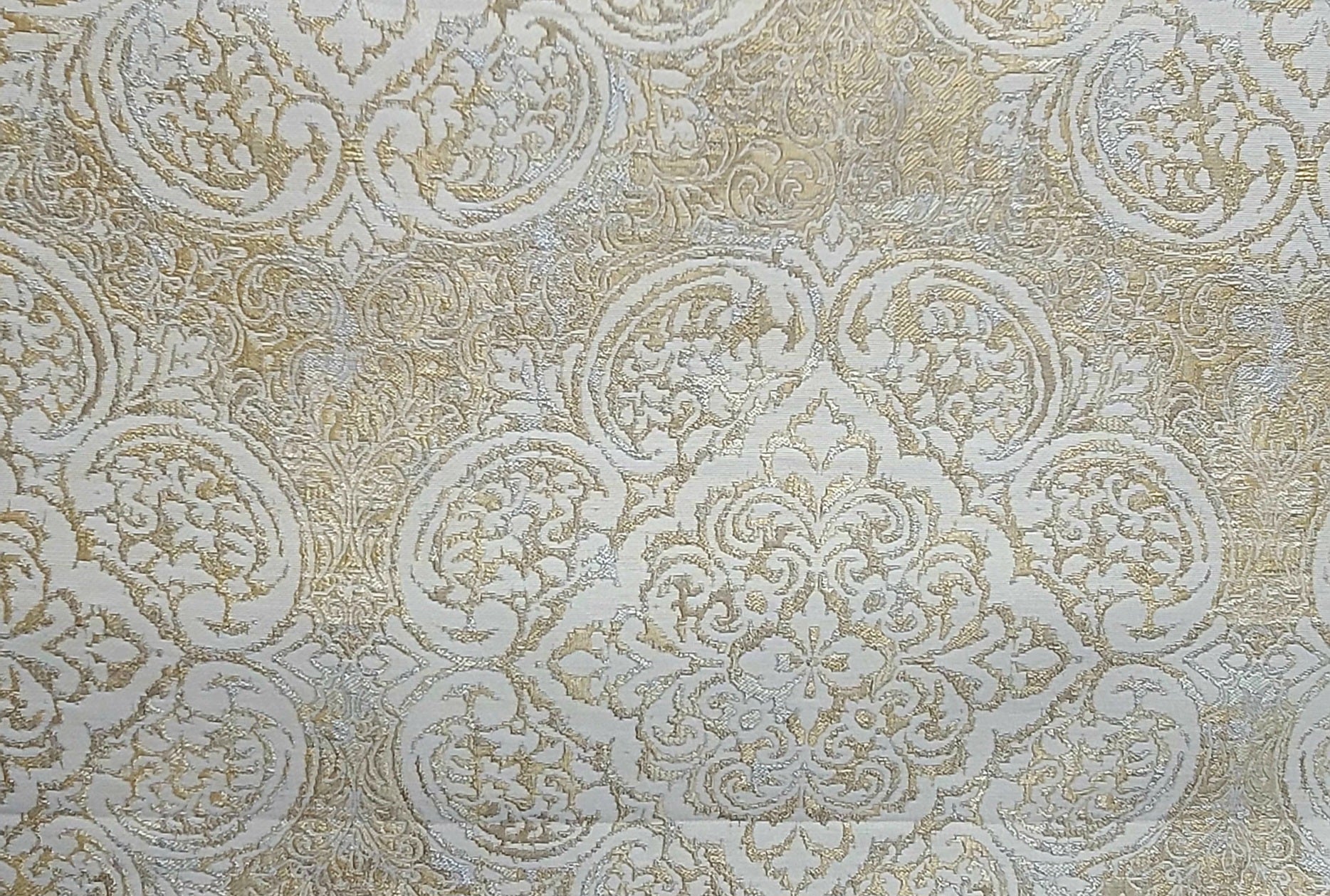 Gold and Ivory Damask Jacquard Upholstery Fabric – Elegant Traditional Pattern