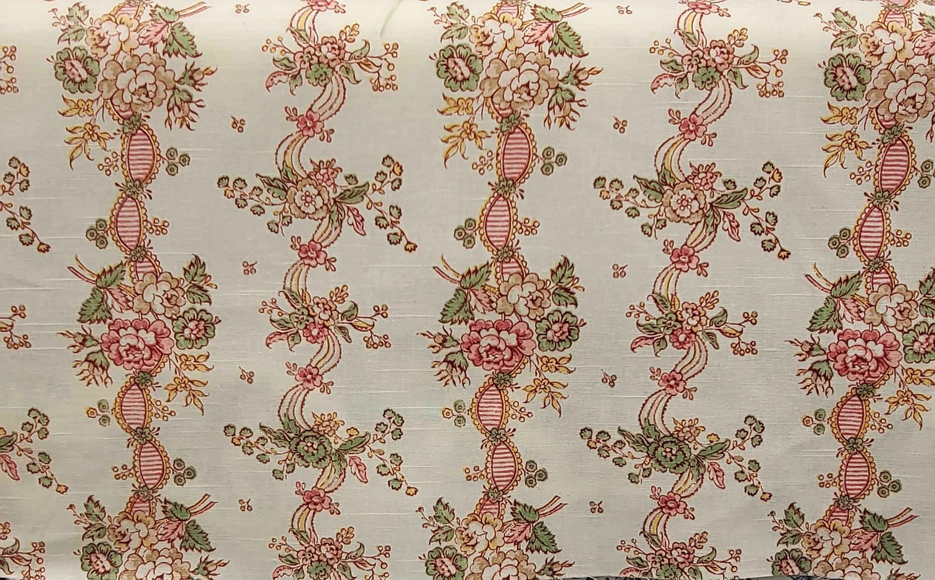 Vintage Floral Stripe Cotton Fabric – Pink, Green & Gold on Ivory